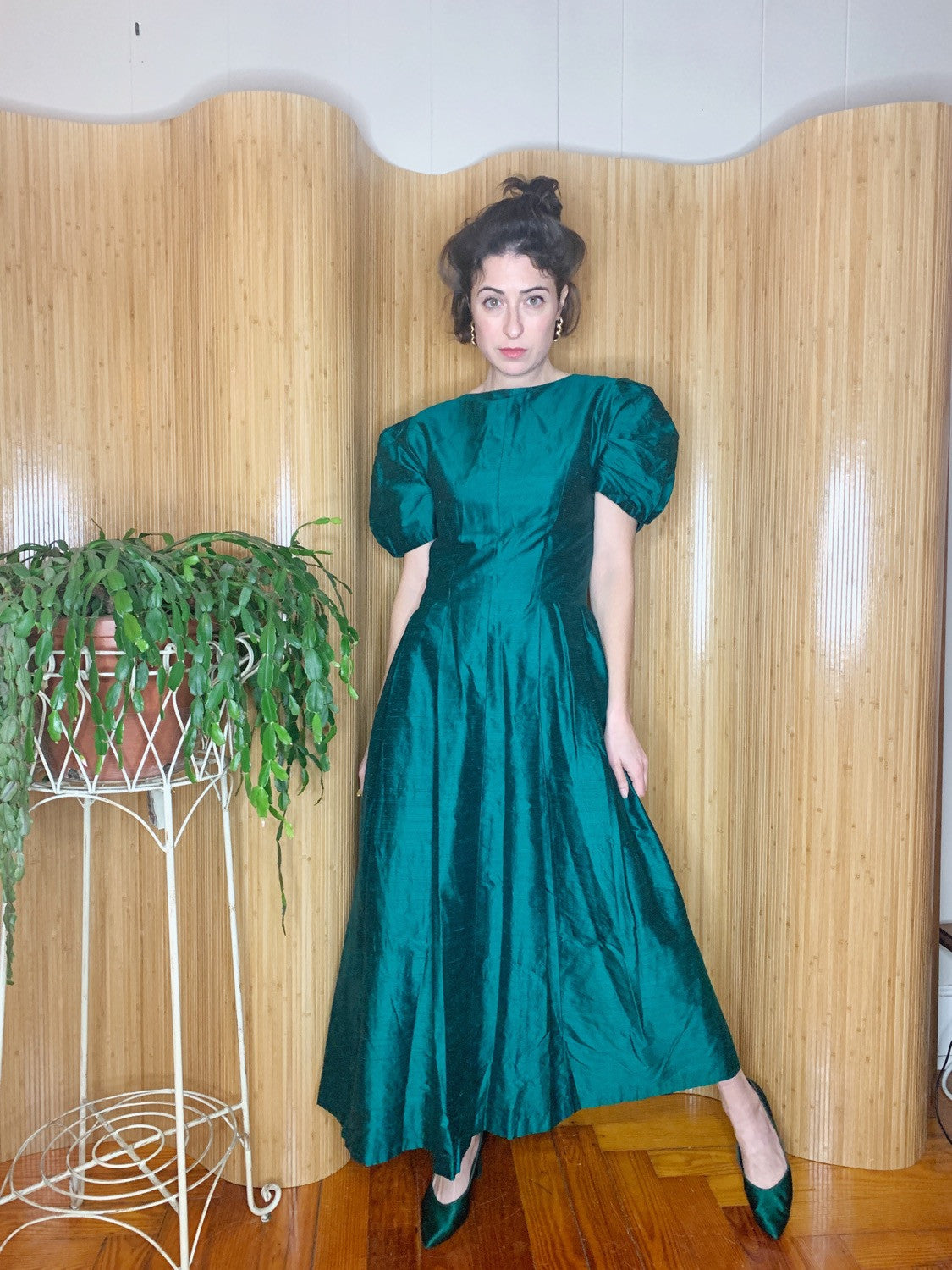 1980s Taffeta Silk Puff-Sleeve Dress M