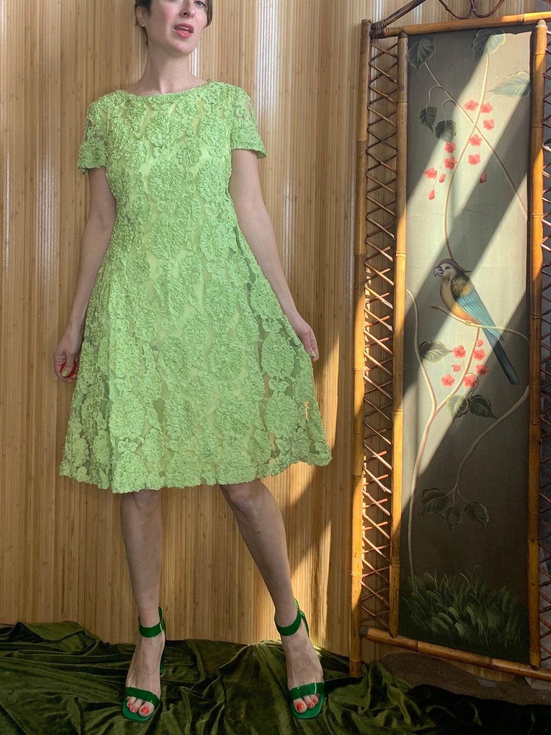 1960s Ribbonwork Mesh Swing Dress M/L