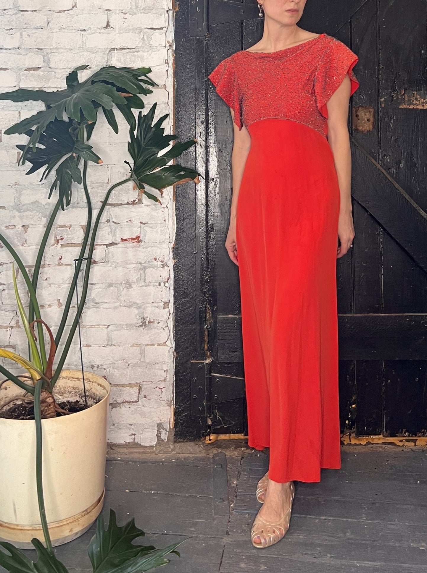 Deco Darling Coral Silk Beaded Gown S