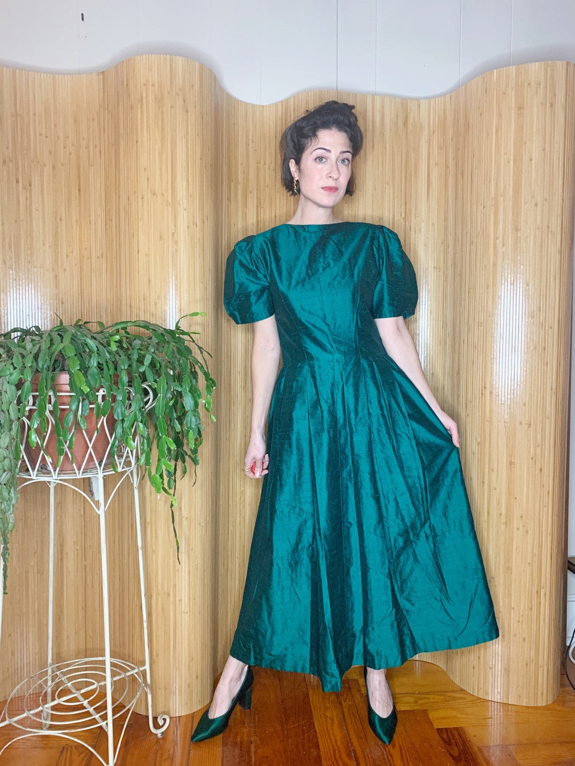 1980s Taffeta Silk Puff-Sleeve Dress M