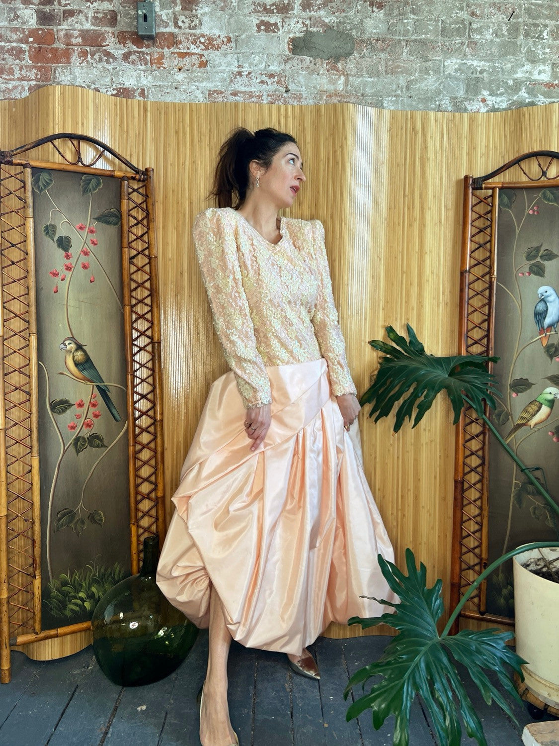 1980s Carolina Herrera Silk and Sequin Deb Gown M