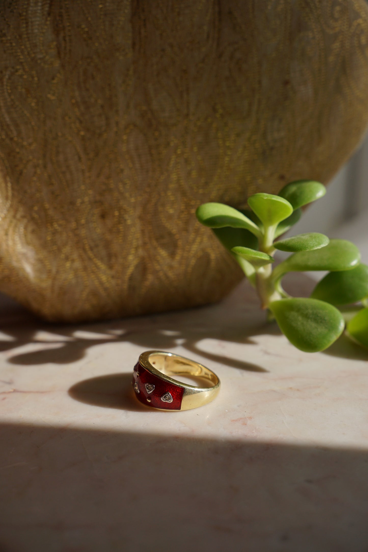 Vintage 14K Red Enamel Diamond Hearts Ring