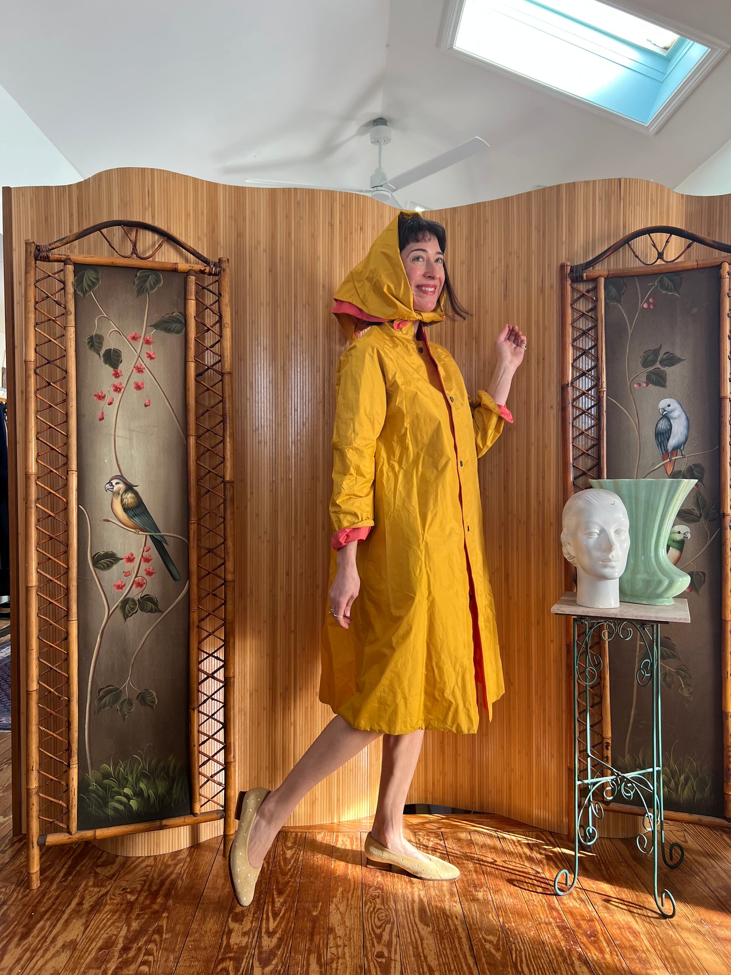 1960s Bonnie Cashin Chartreuse and Pink Reversible Raincoat and Bonnet S