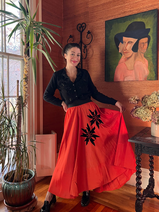 1950s Taffeta Skirt with Velvet Poinsetta L