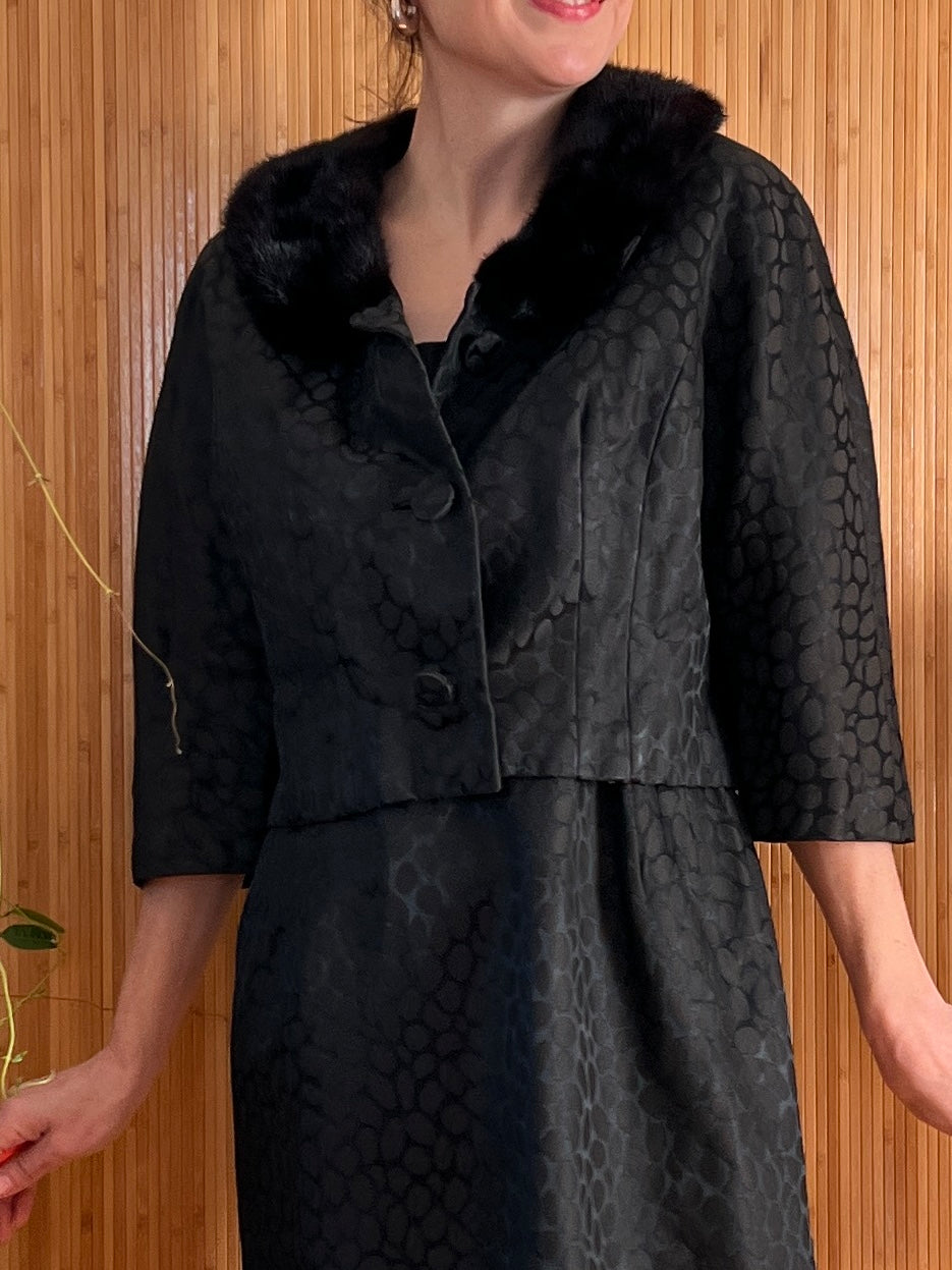 1950s Silk Jacquard Dress & Fur Trim Jacket M/L