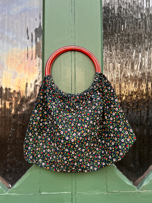 1970s Floral Fabric Tote with Circular Lucite Handle