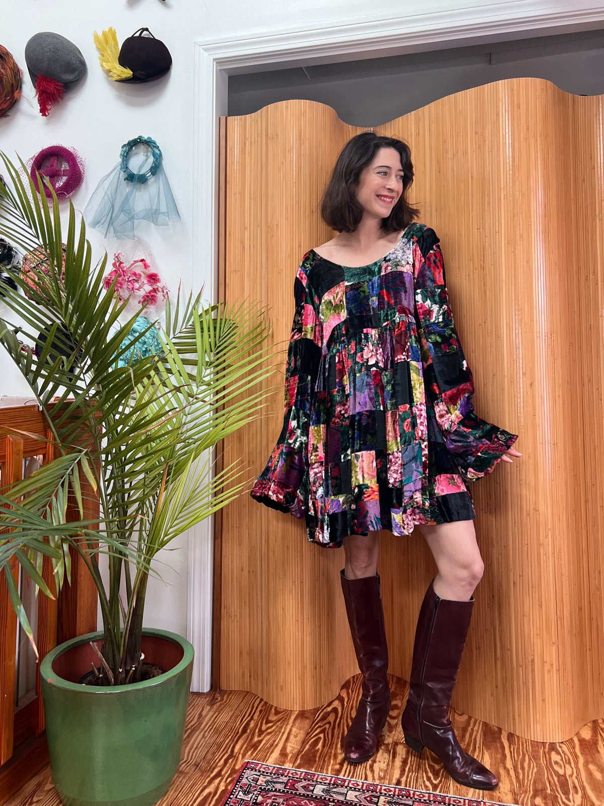 1990s Betsey Johnson Velvet Patchwork Babydoll Dress M