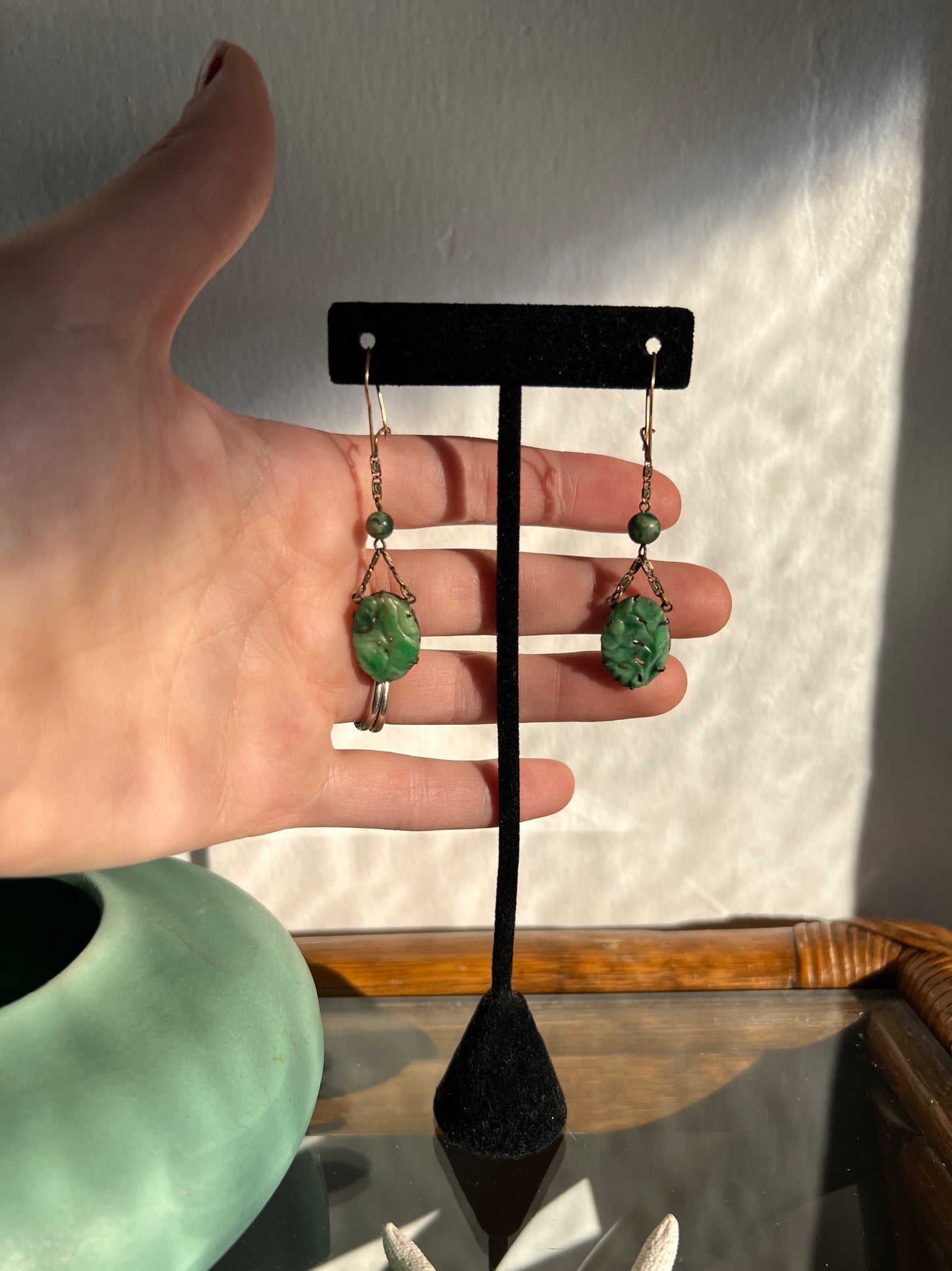 Antique Art Nouveau Carved Jade Drop Earrings 14K