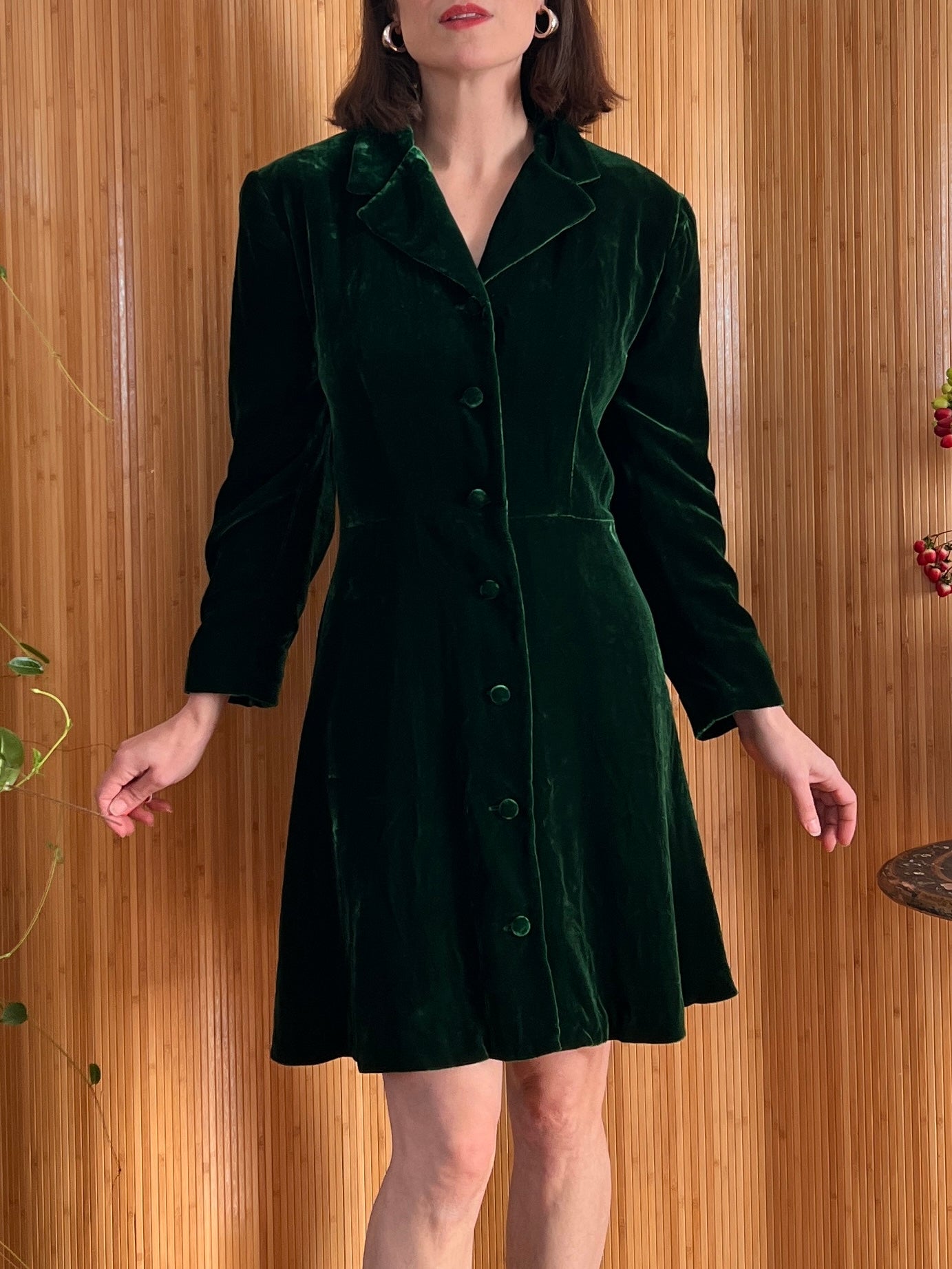 90s Green Velvet Babydoll Dress L