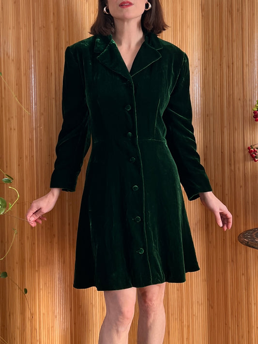 90s Green Velvet Babydoll Dress L