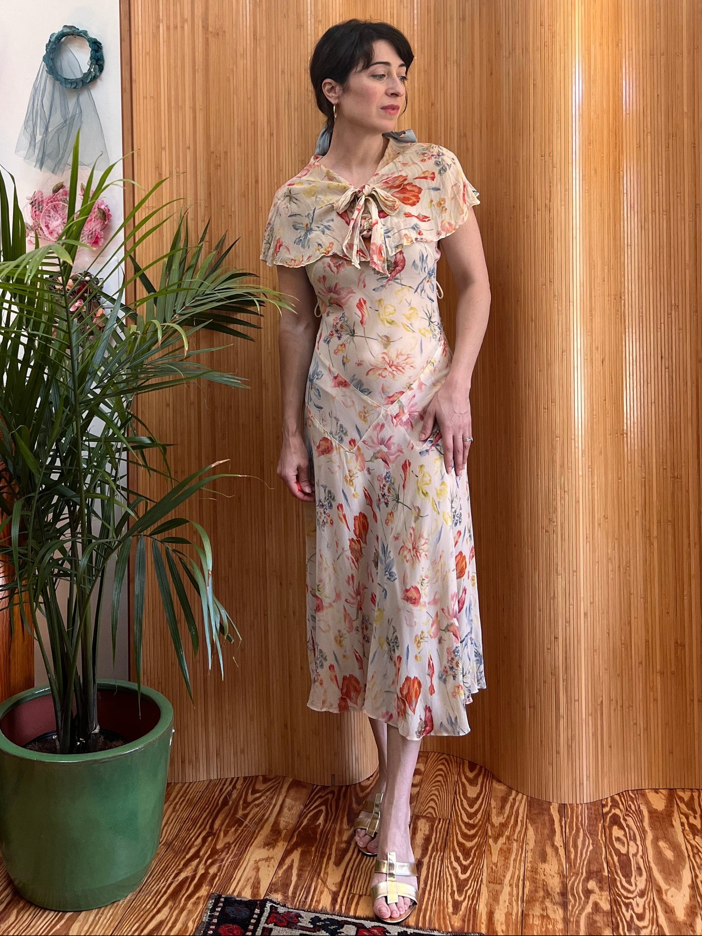 1920s/30s Art Deco Silk Chiffon Floral Bias Cut Gown with Capelet