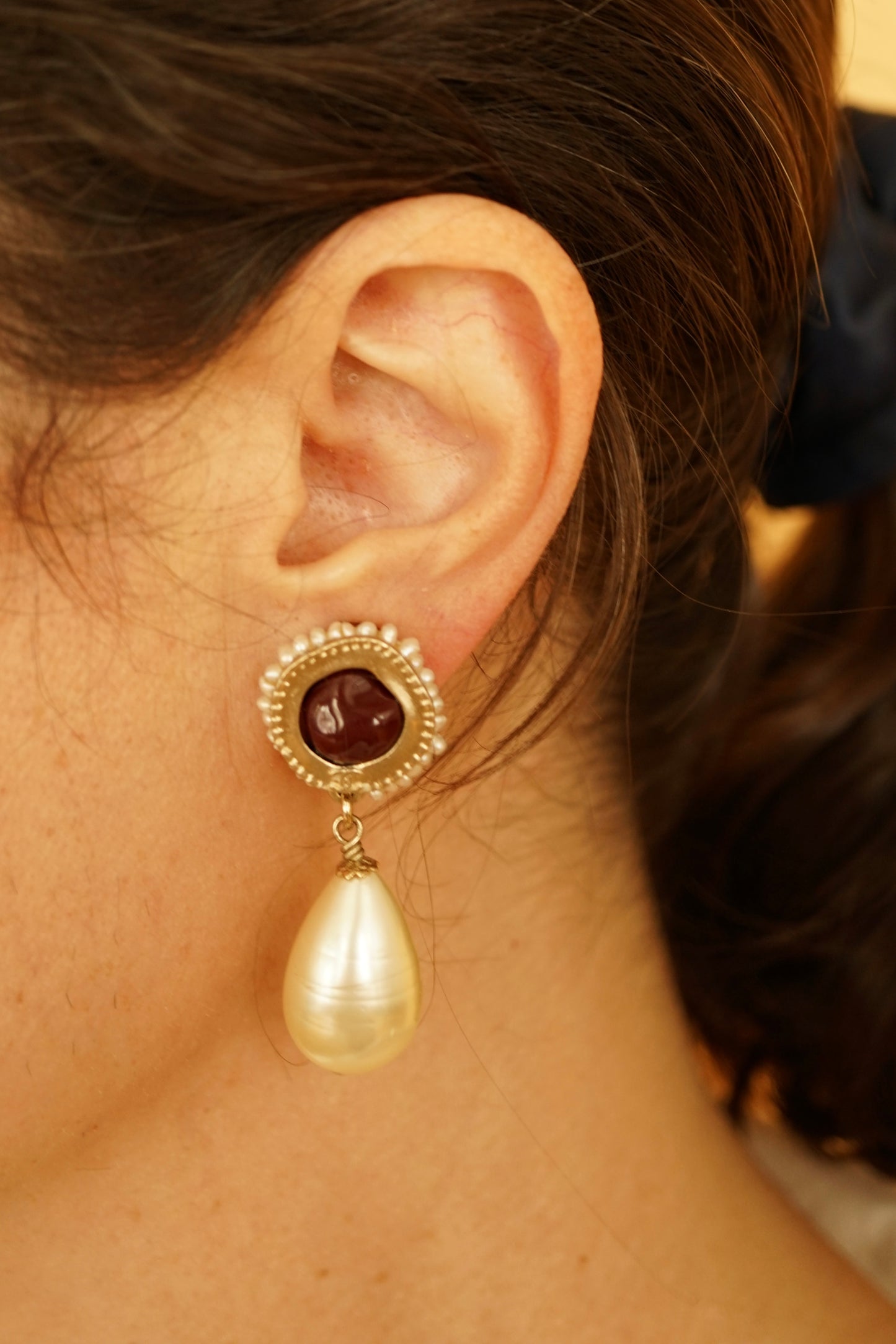 VTG Chanel Teardrop Pearl and Burgundy Stone Clip-On Earrings