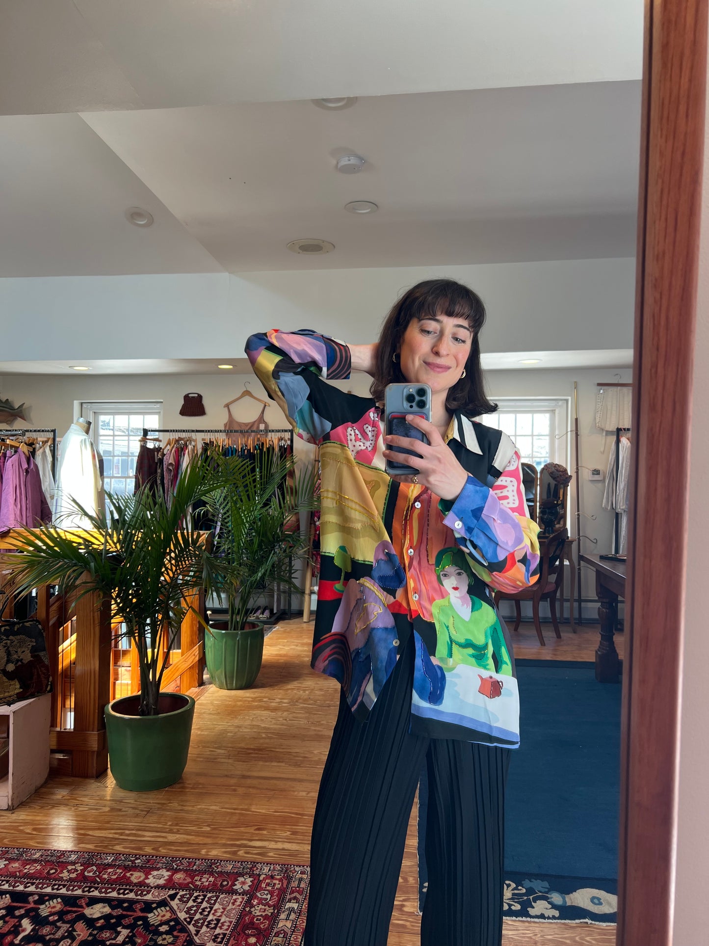 1980s 100% Silk Graphic 1920s Café Print Blouse M/L