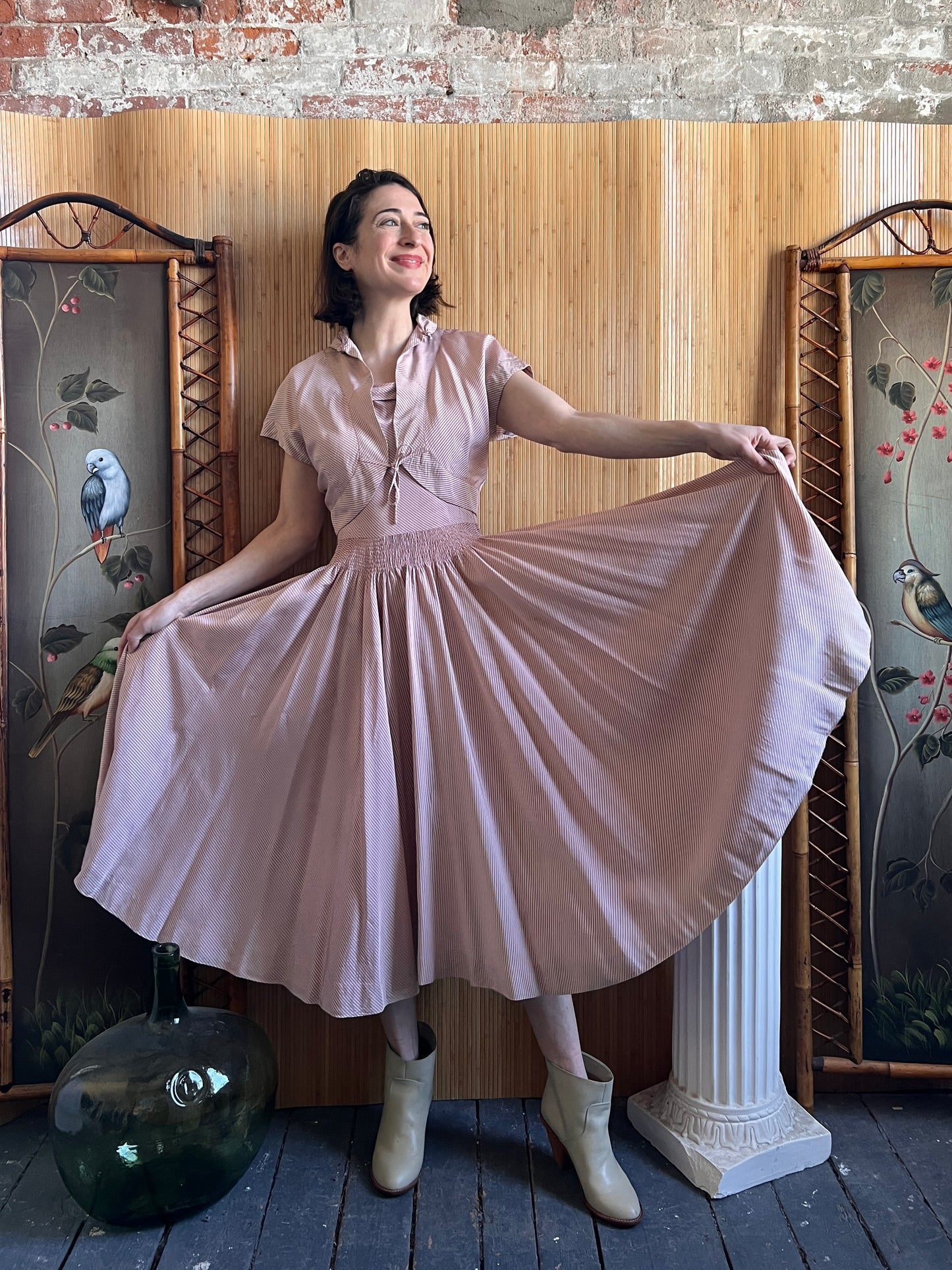1940s Pink Two-Piece Rayon Crepe Dress and Jacket S