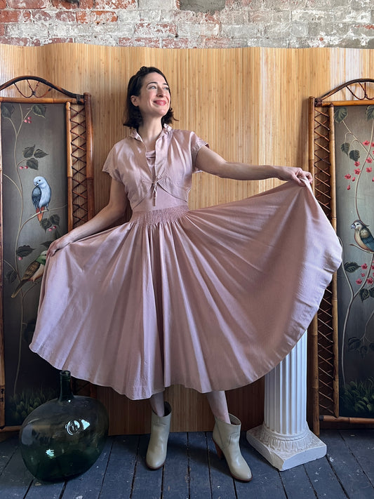 1940s Pink Two-Piece Rayon Crepe Dress and Jacket S
