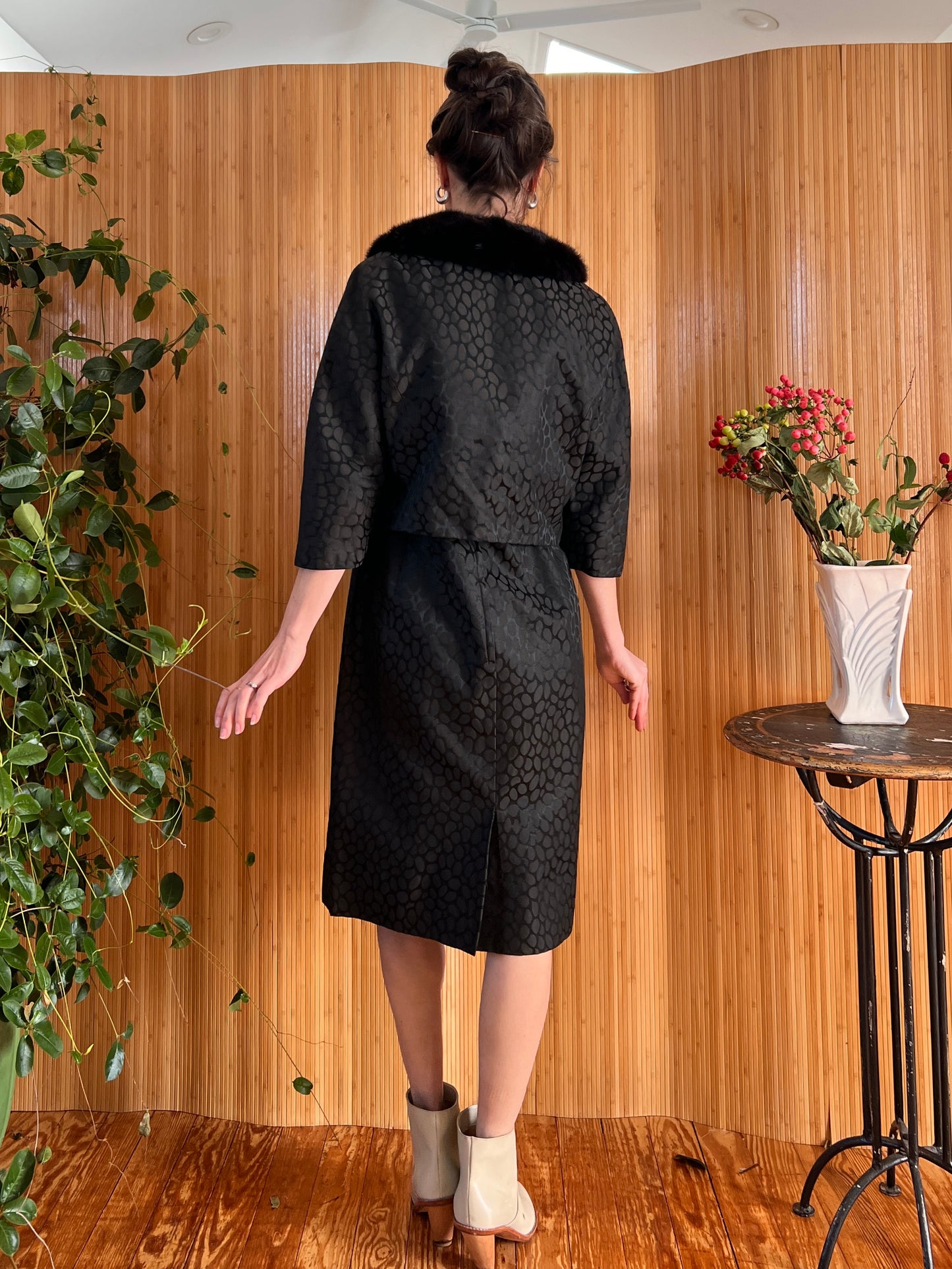 1950s Silk Jacquard Dress & Fur Trim Jacket M/L