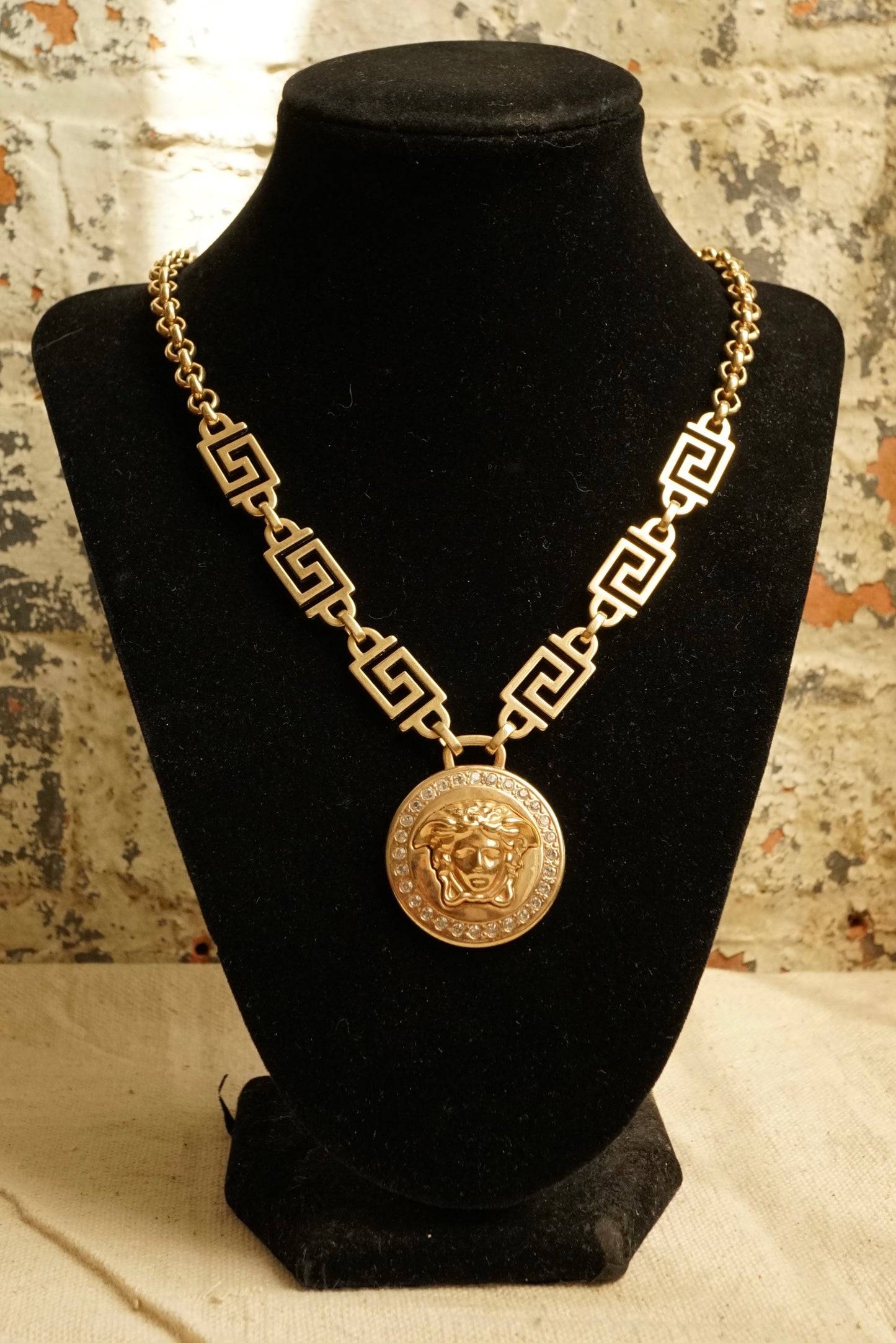 1990s Versace La Medusa Greca Gold and Crystal Necklace