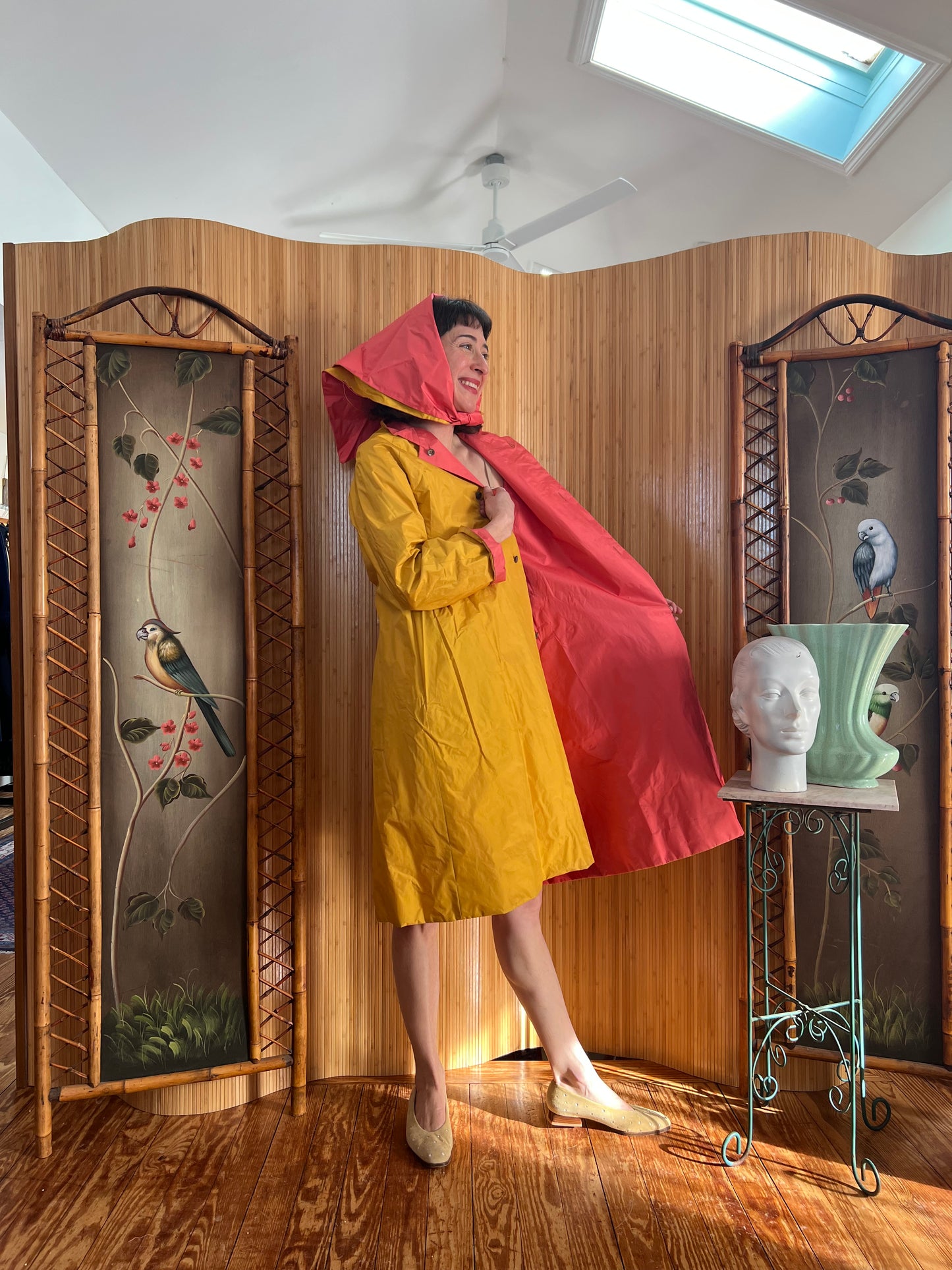 1960s Bonnie Cashin Chartreuse and Pink Reversible Raincoat and Bonnet S