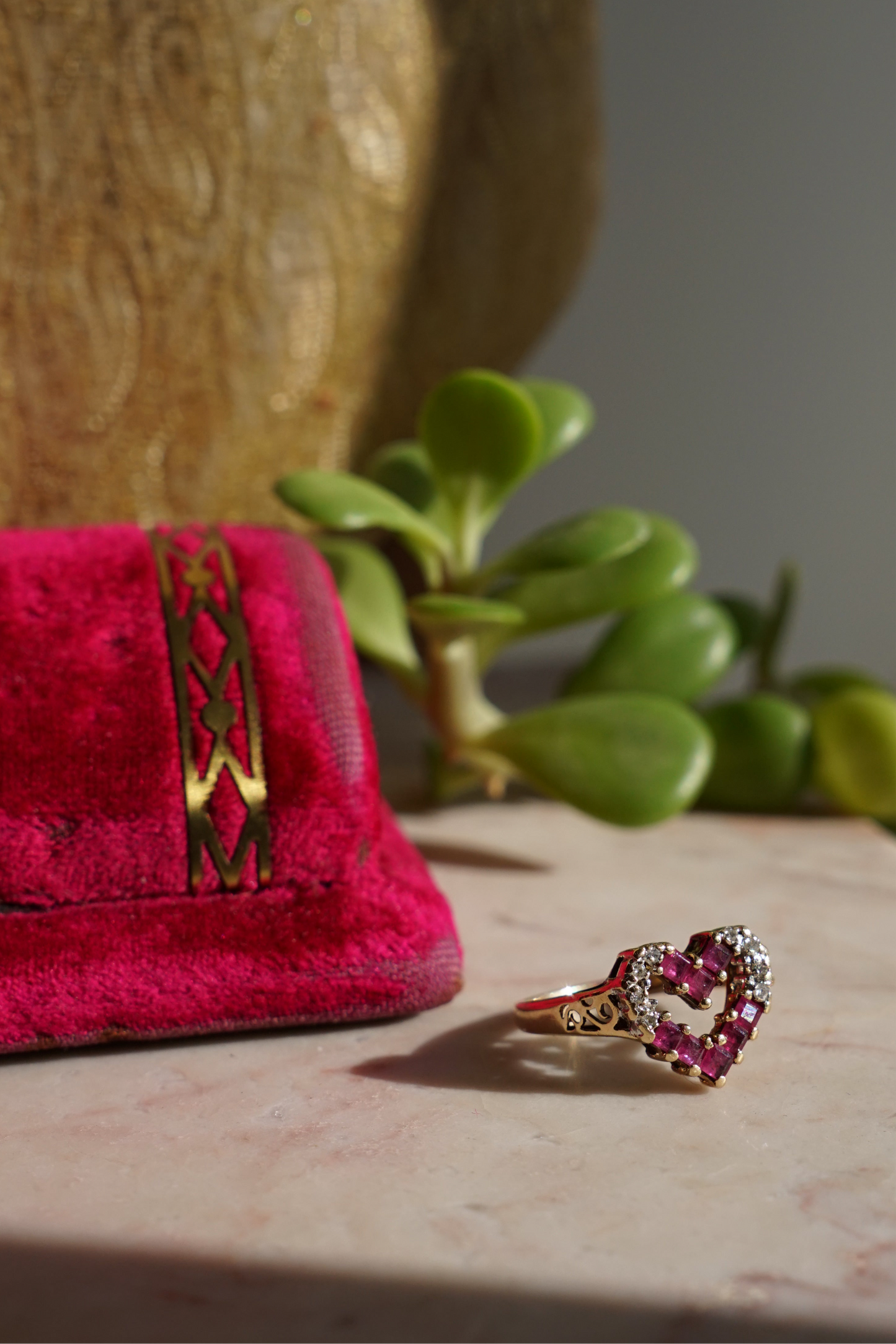 Vtg 14K Ruby and Diamond Open Heart Ring