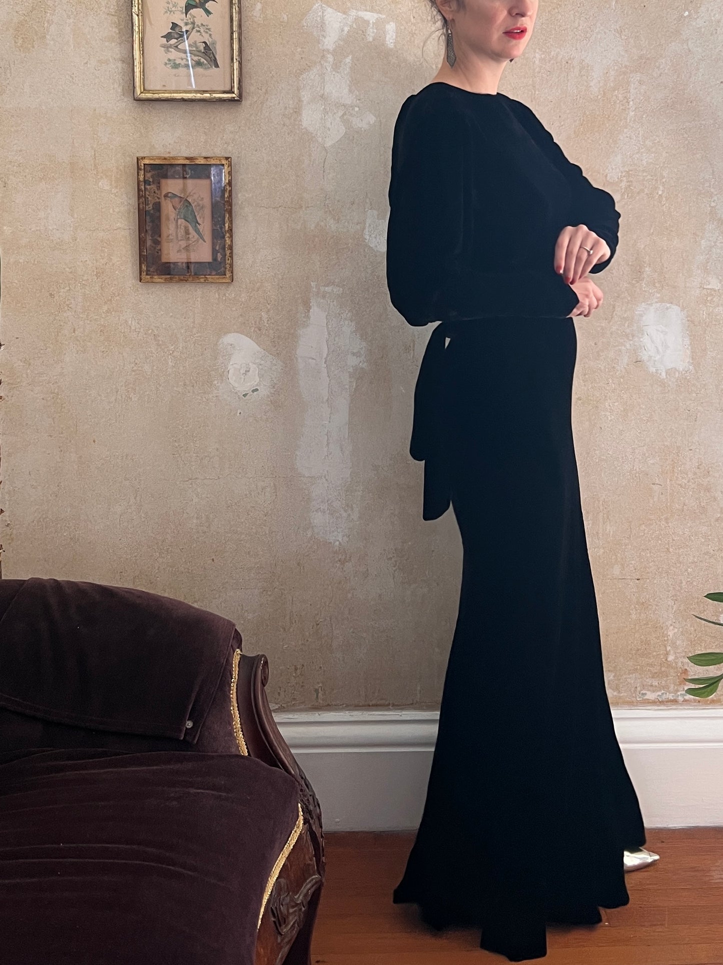 1930s Midnight Black Silk Velvet Bias Cut Gown S/M