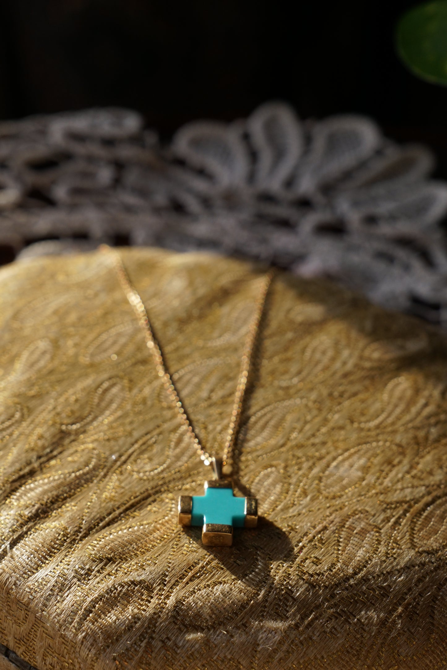 Vtg Santorini Turquoise and 14K Gold Cross Necklace