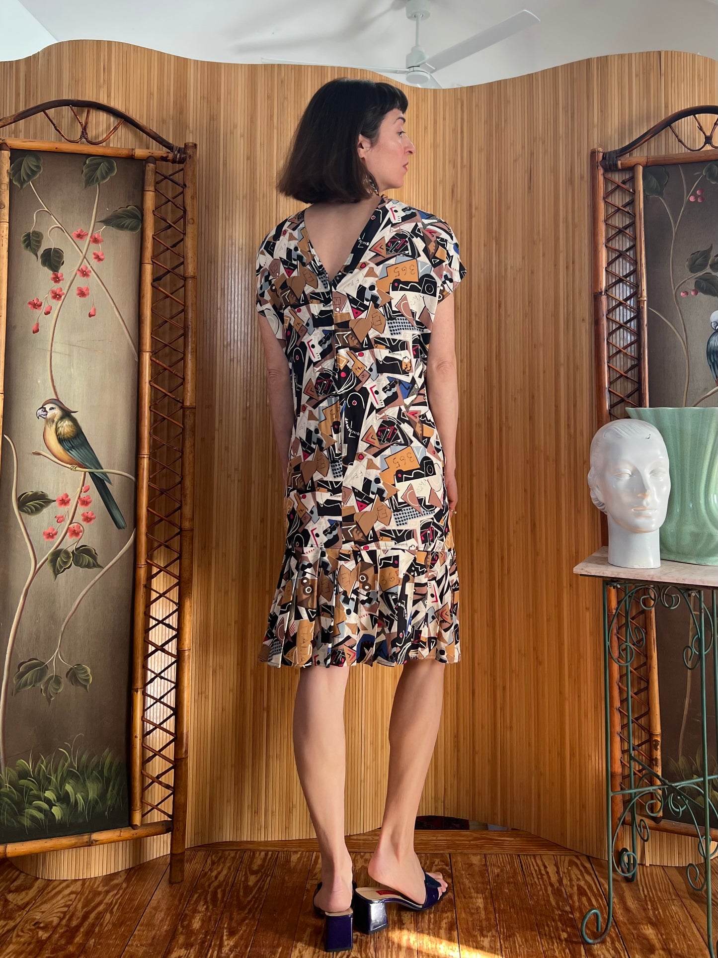 1980s Fendi Silk Dress in Rare Logo Print S/M