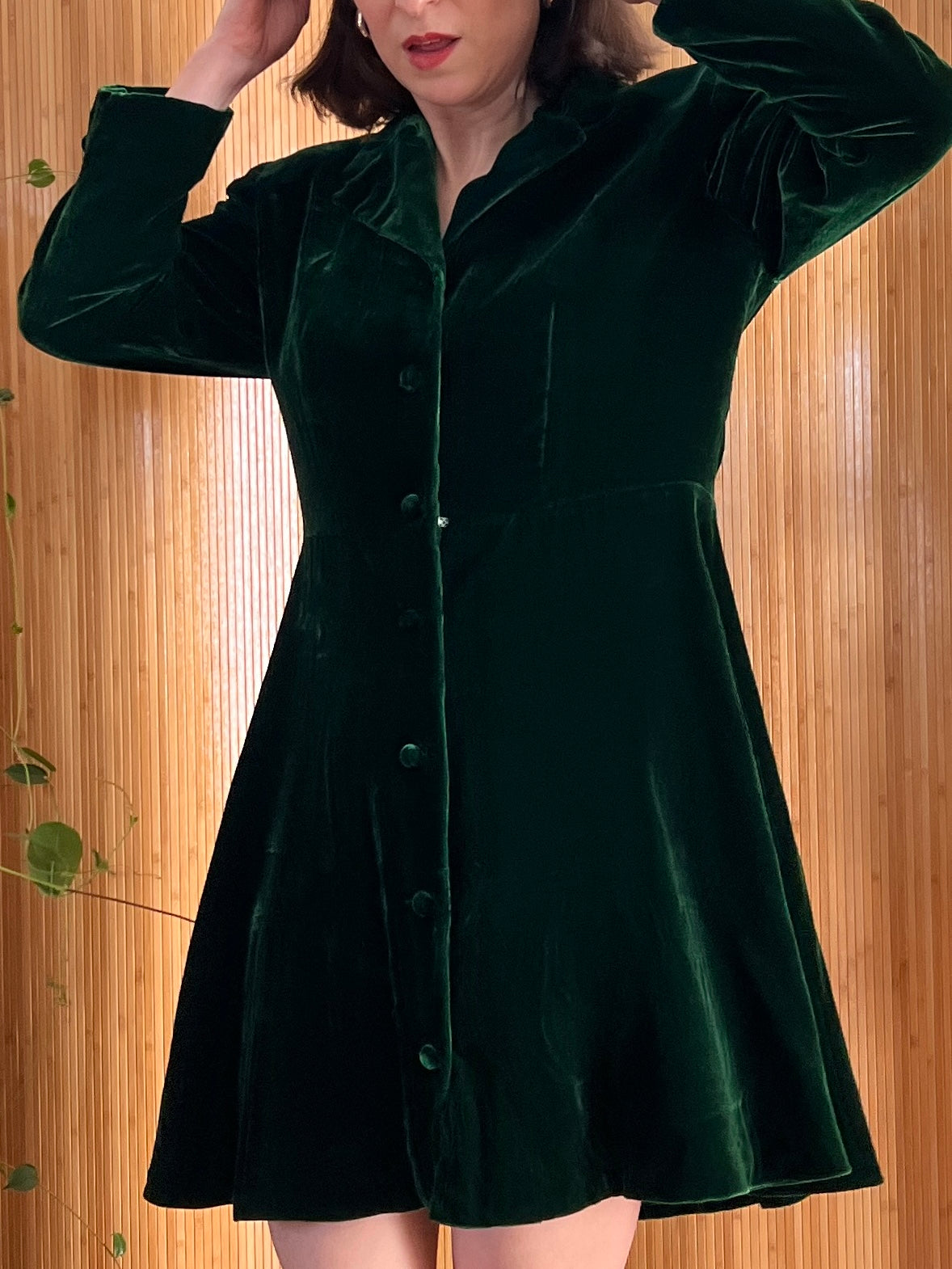 90s Green Velvet Babydoll Dress L