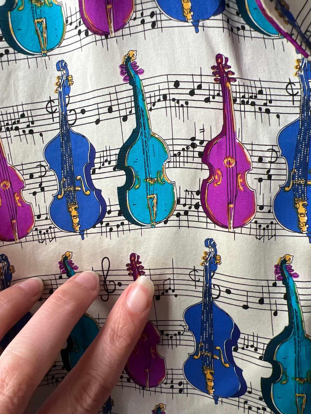 1980s Musical Instrument Novelty Print 100% Silk Blouse M