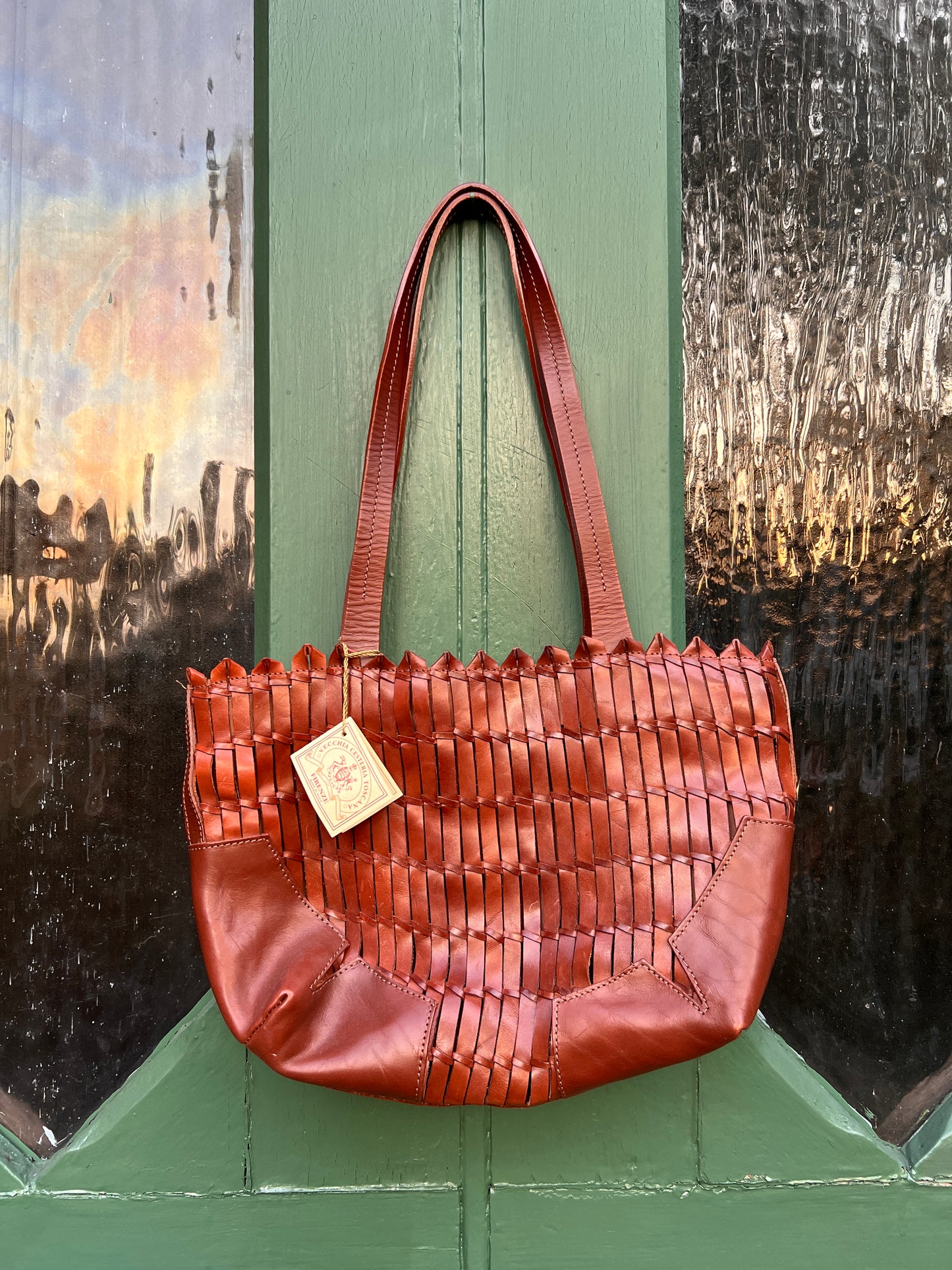 1970s Italian Basket Weave Leather Tote