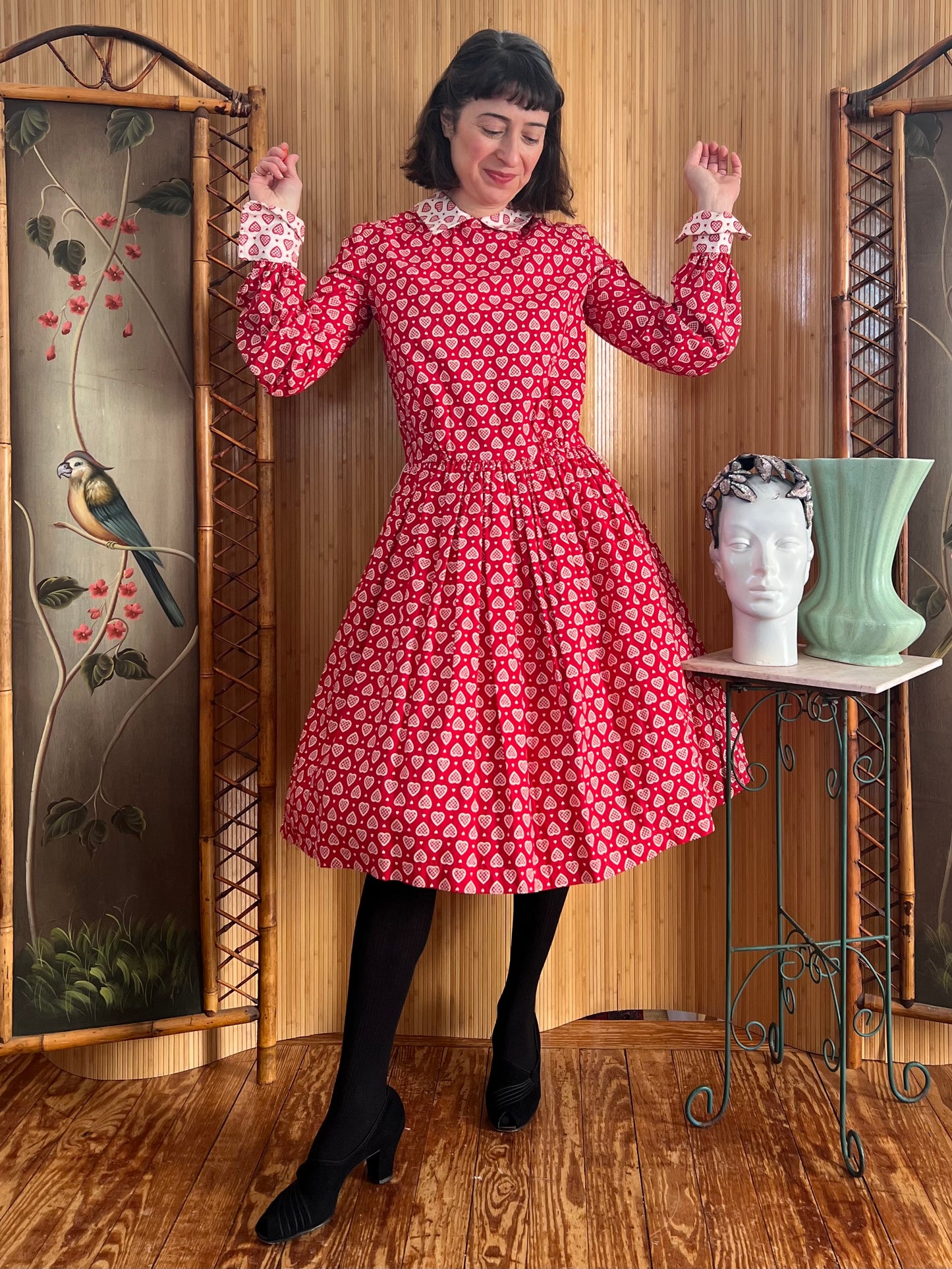 Vintage Cotton Hearts A-Line Dress M