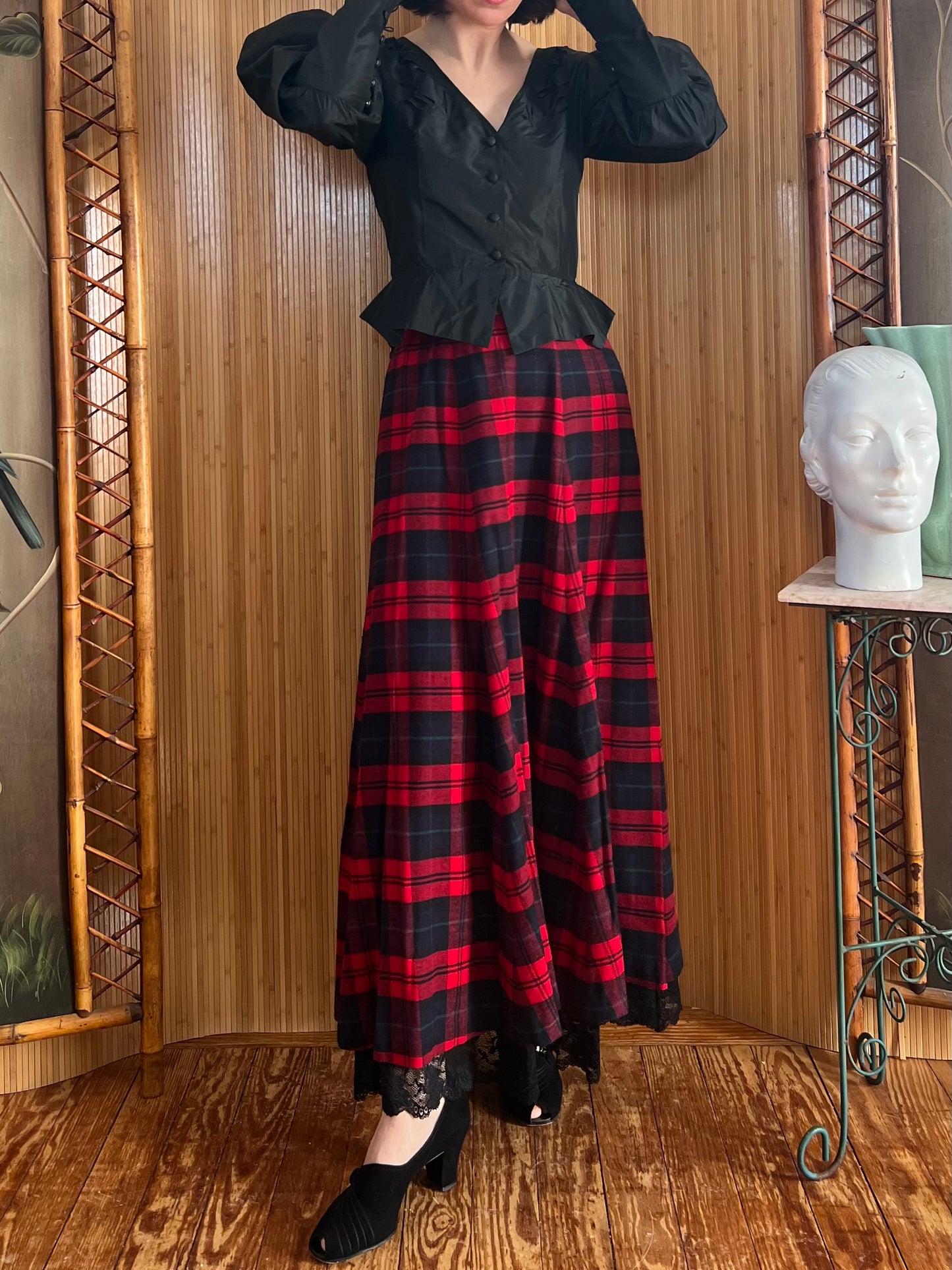 90s J.Peterman Flannel Plaid Maxi with Lace Hem