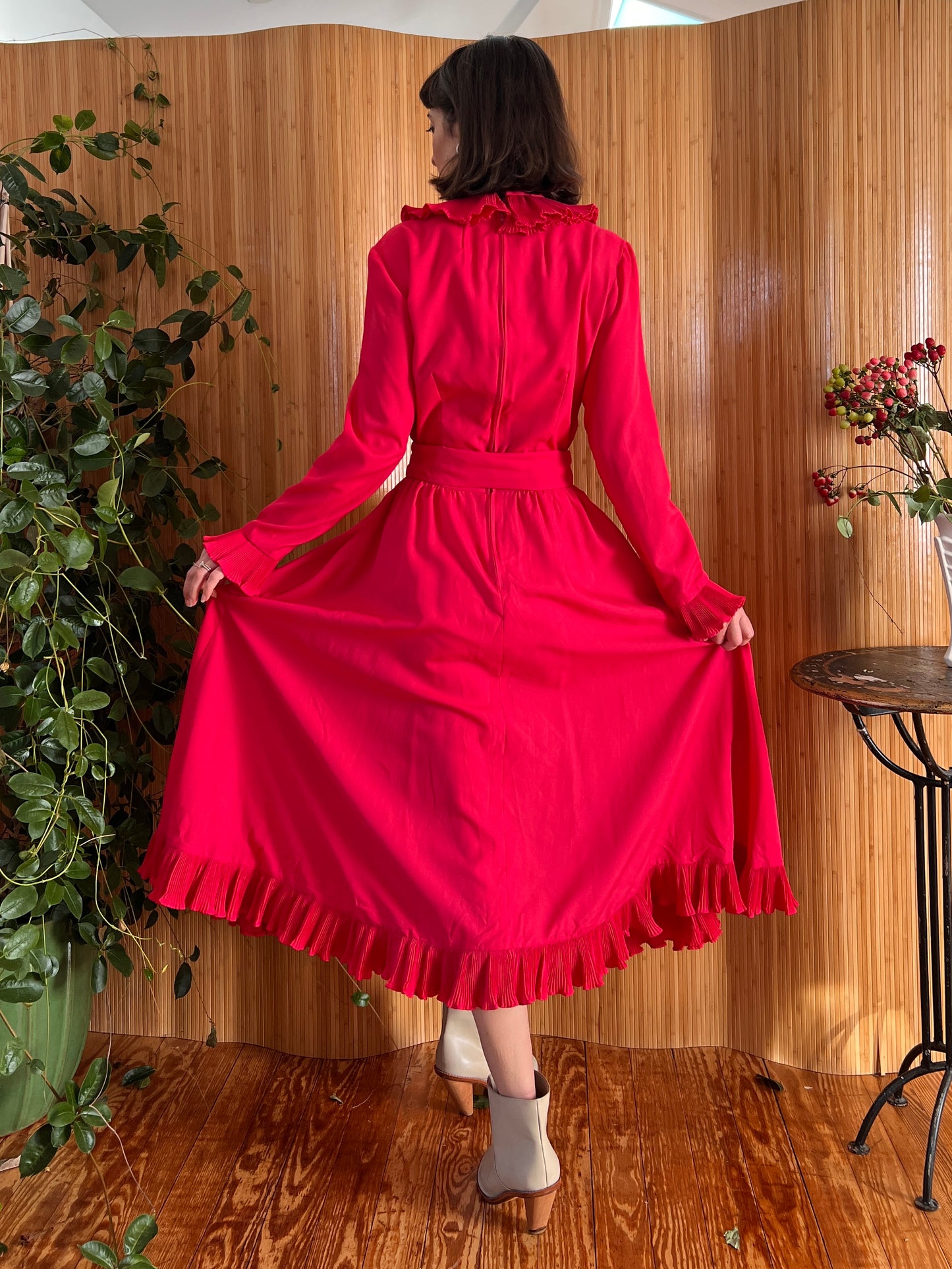 1980s Victor Costa Magenta Ruffle Dress S/M