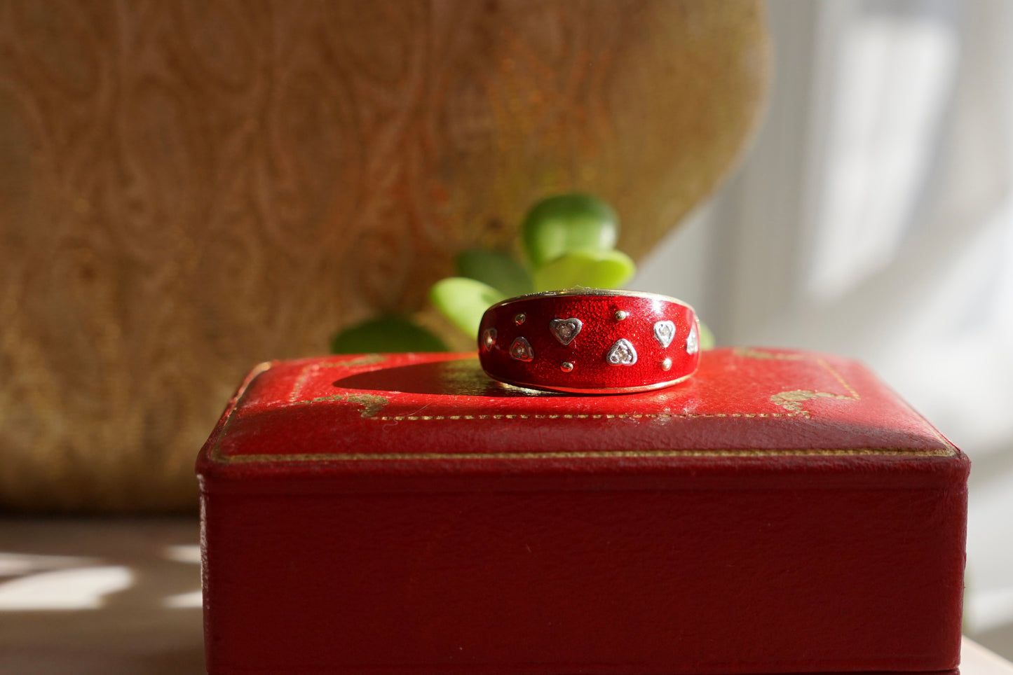 Vintage 14K Red Enamel Diamond Hearts Ring