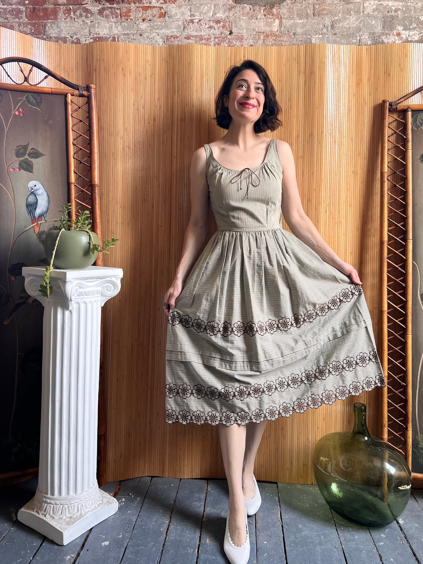 Late 1940s Tina Leser Brown Gingham Summer Dress