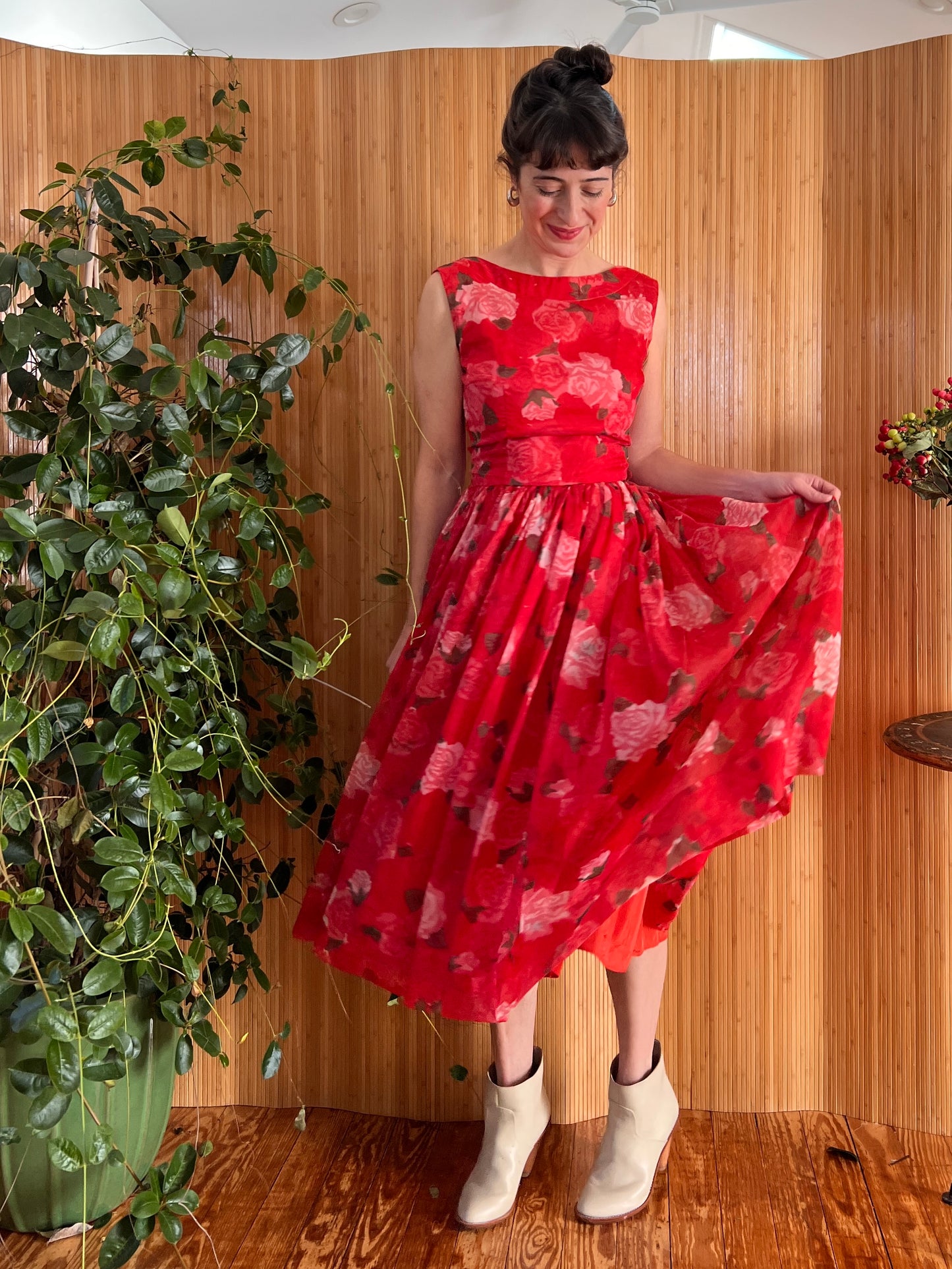 1950s Silk Rose Chiffon Fit n Flare Dress S