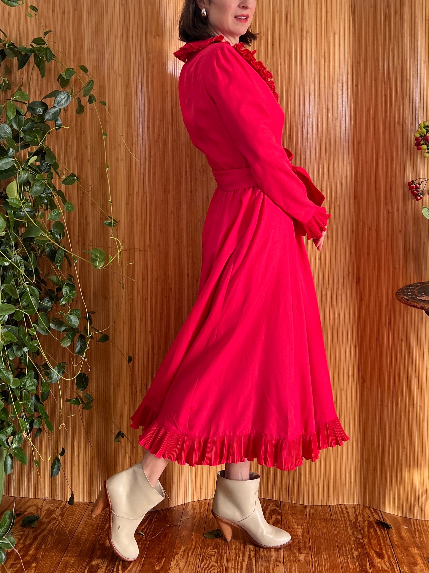 1980s Victor Costa Magenta Ruffle Dress S/M