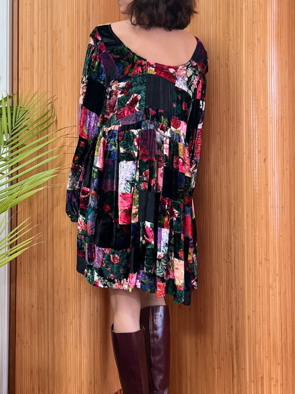 1990s Betsey Johnson Velvet Patchwork Babydoll Dress M