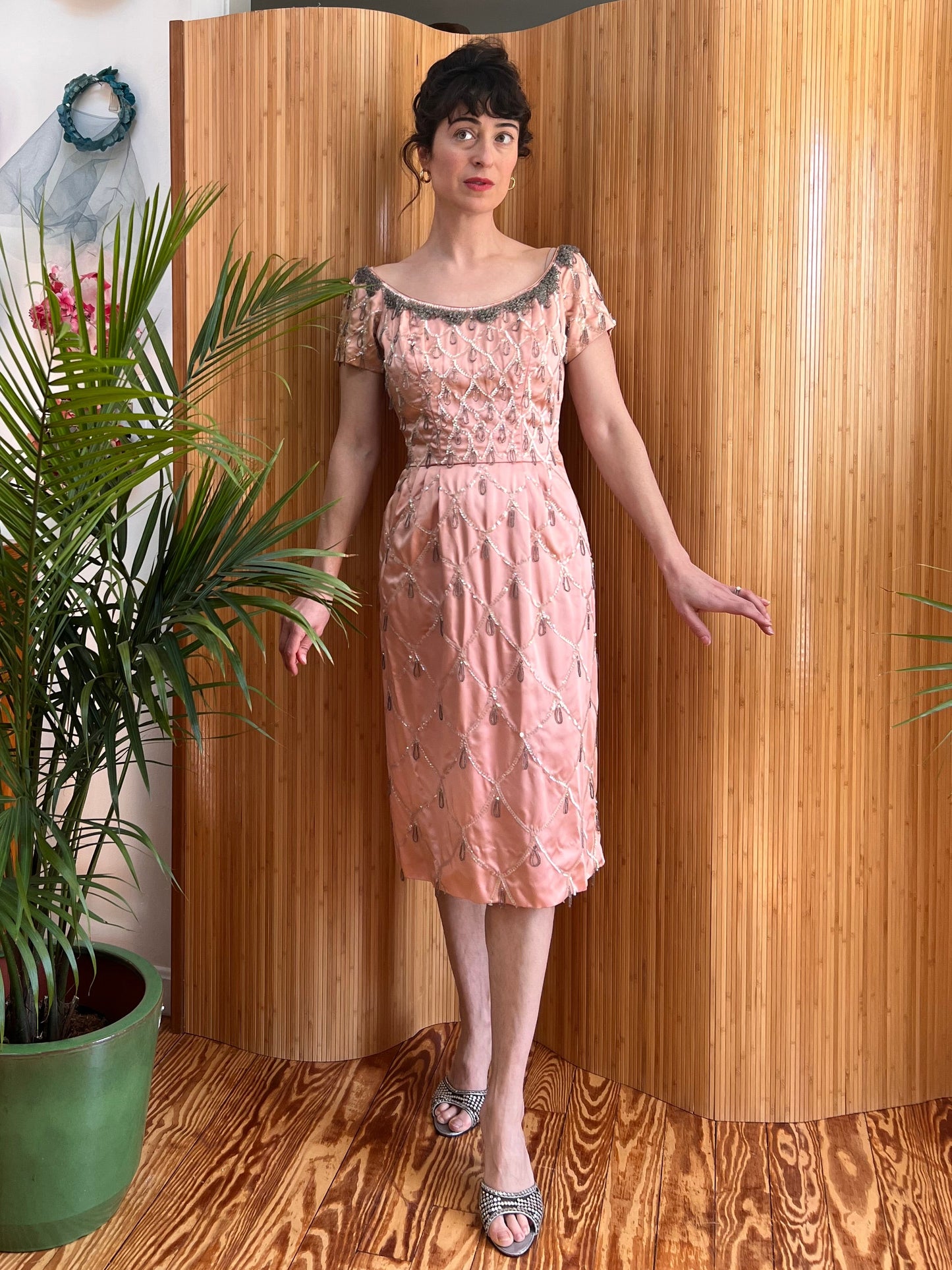 1950s Ceil Chapman Beaded and Sequin Silk Wiggle Dress S