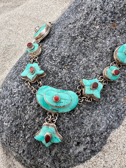 VTG Turquoise and Carnelian Tibetan Sterling Necklace