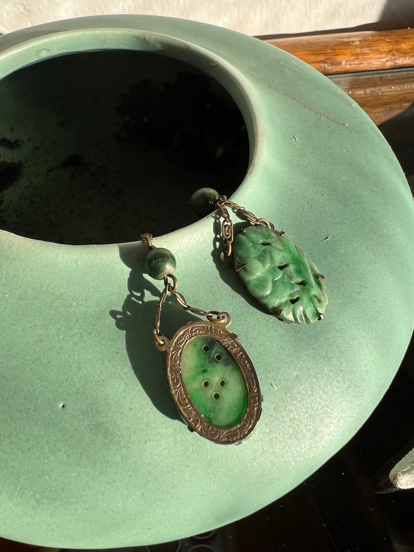 Antique Art Nouveau Carved Jade Drop Earrings 14K