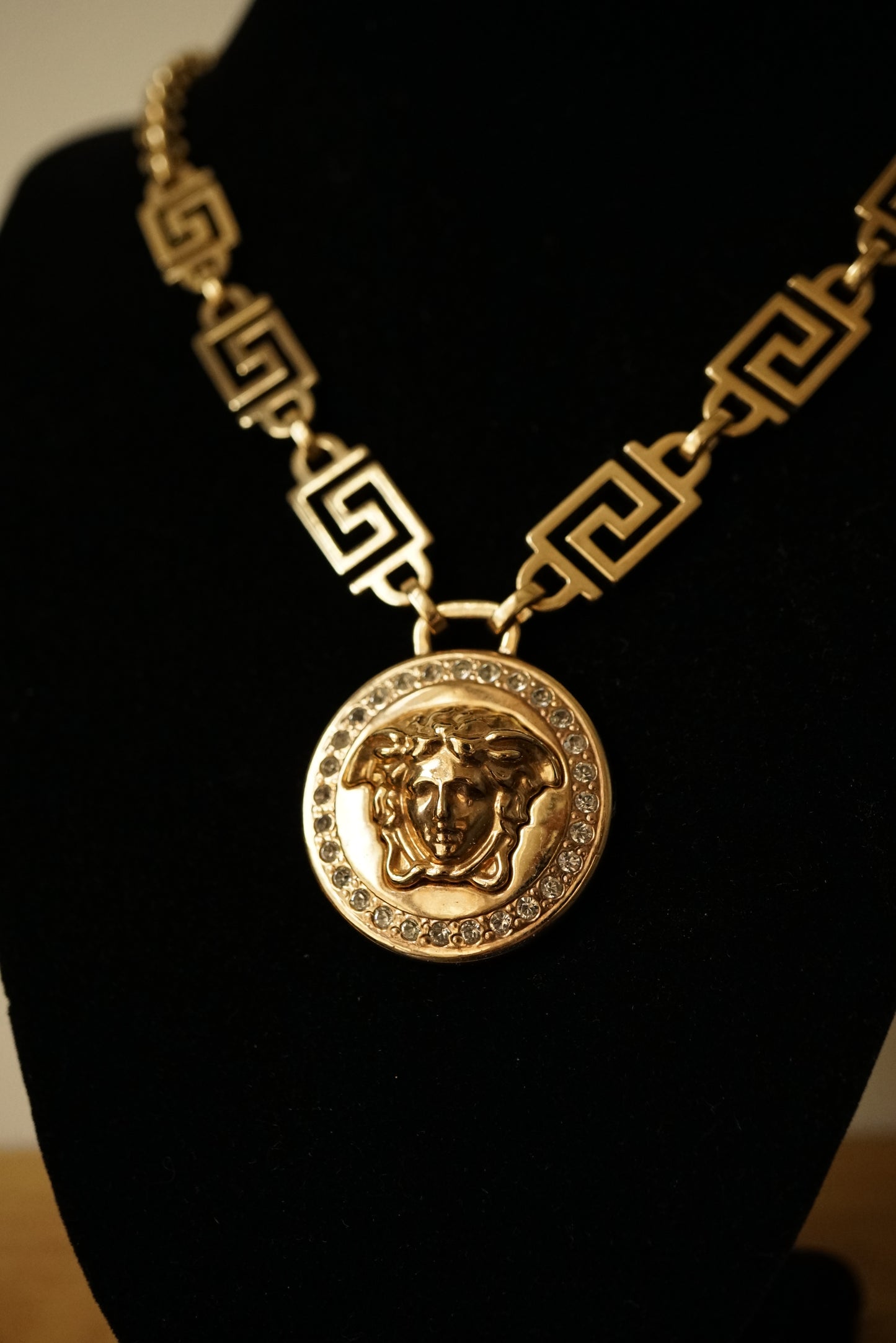 1990s Versace La Medusa Greca Gold and Crystal Necklace