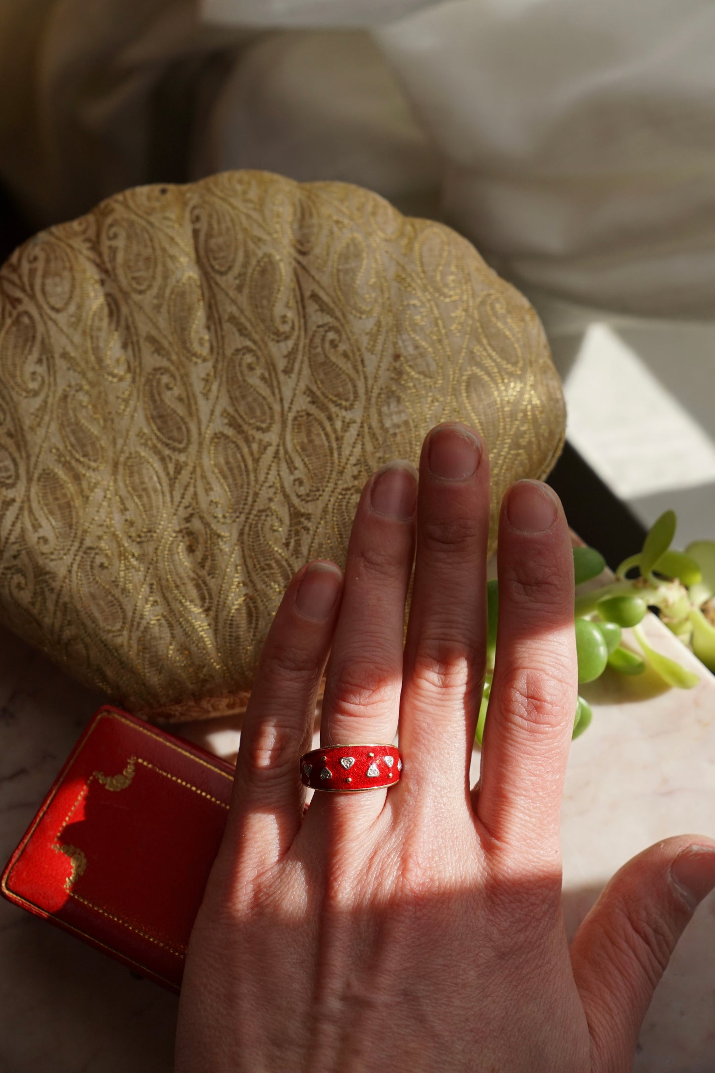 Vintage 14K Red Enamel Diamond Hearts Ring