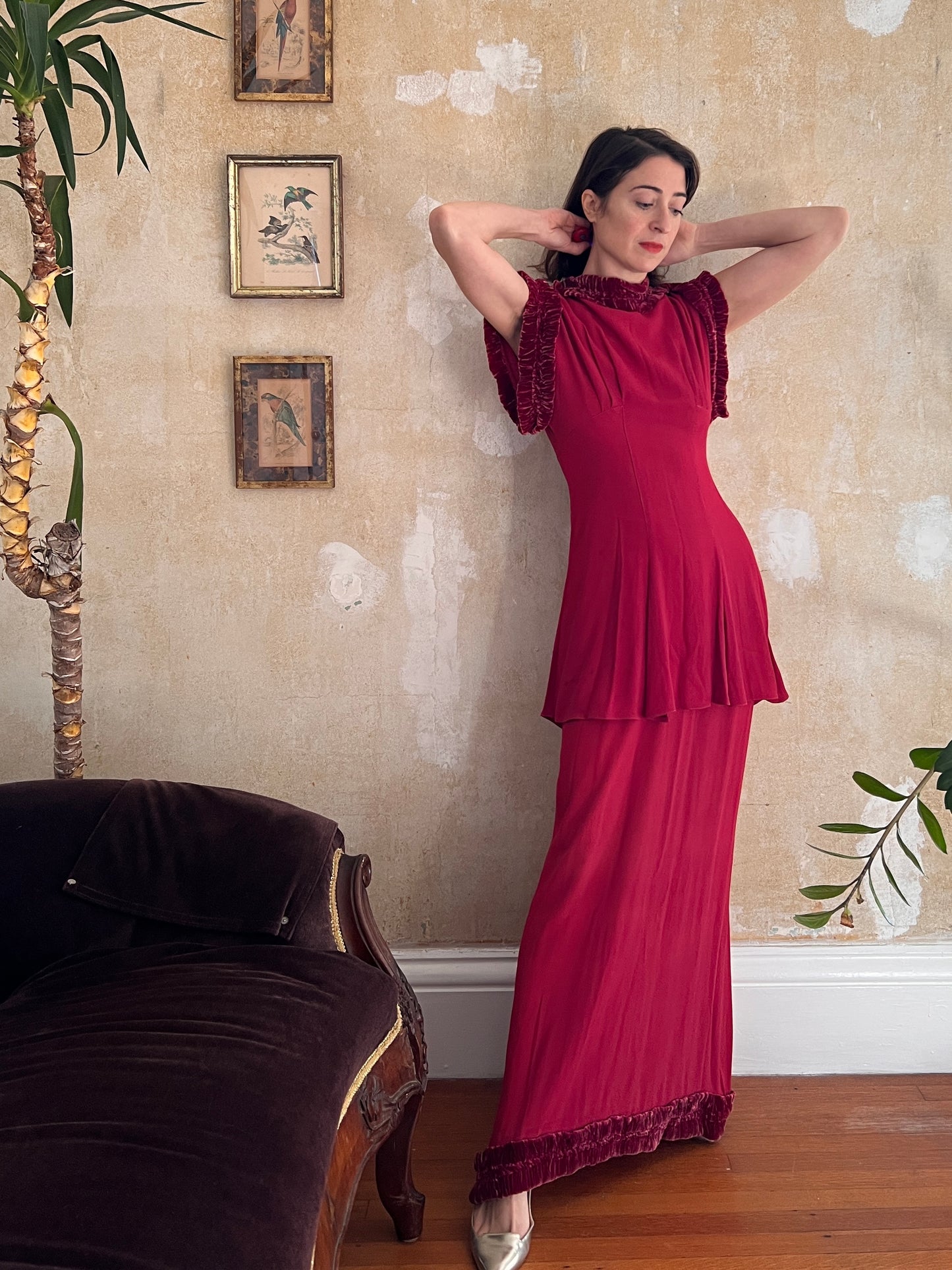 1930s Cranberry Crepe Gown and Tunic Set with Velvet Trim S/M