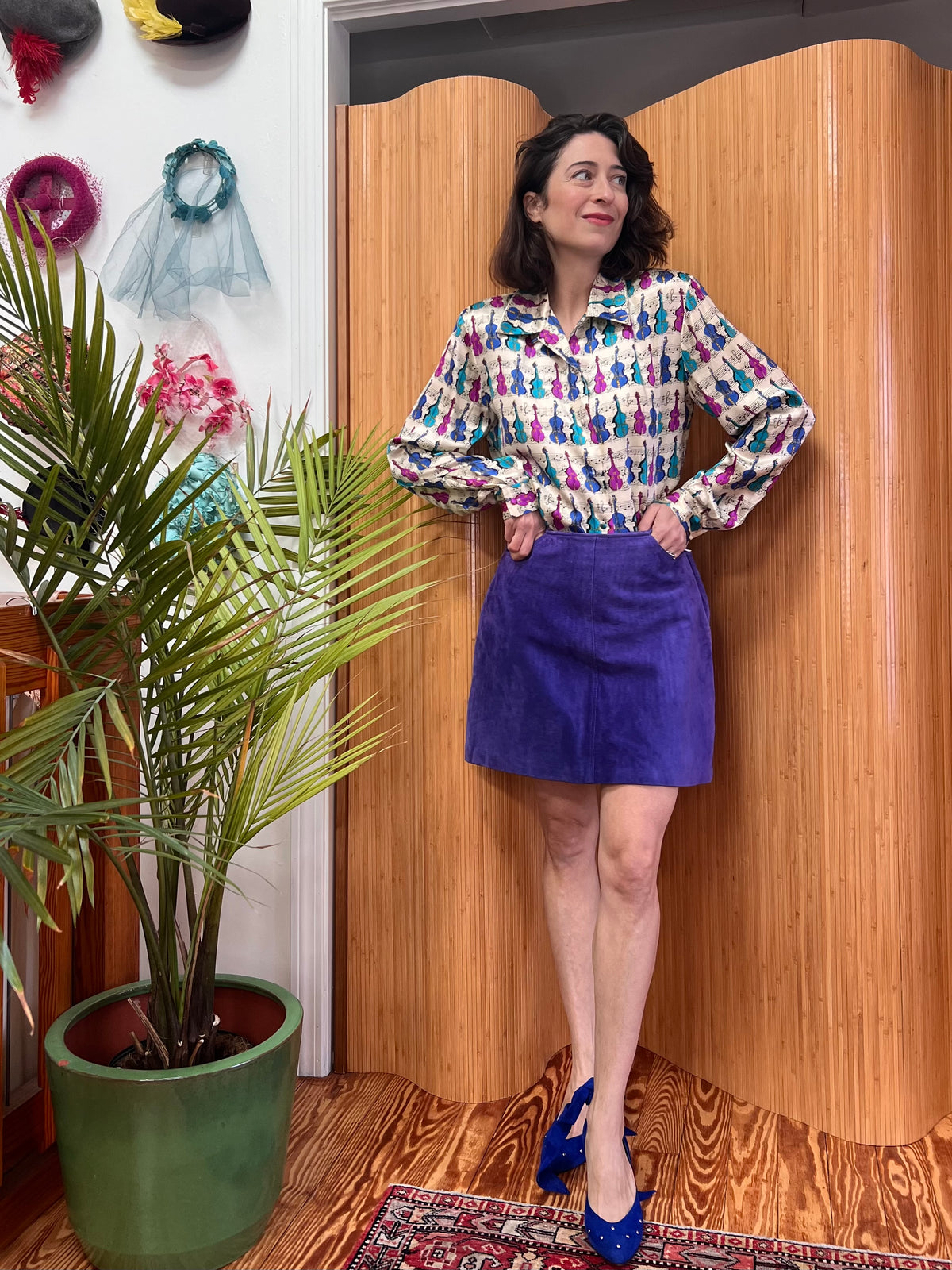 1980s Musical Instrument Novelty Print 100% Silk Blouse M