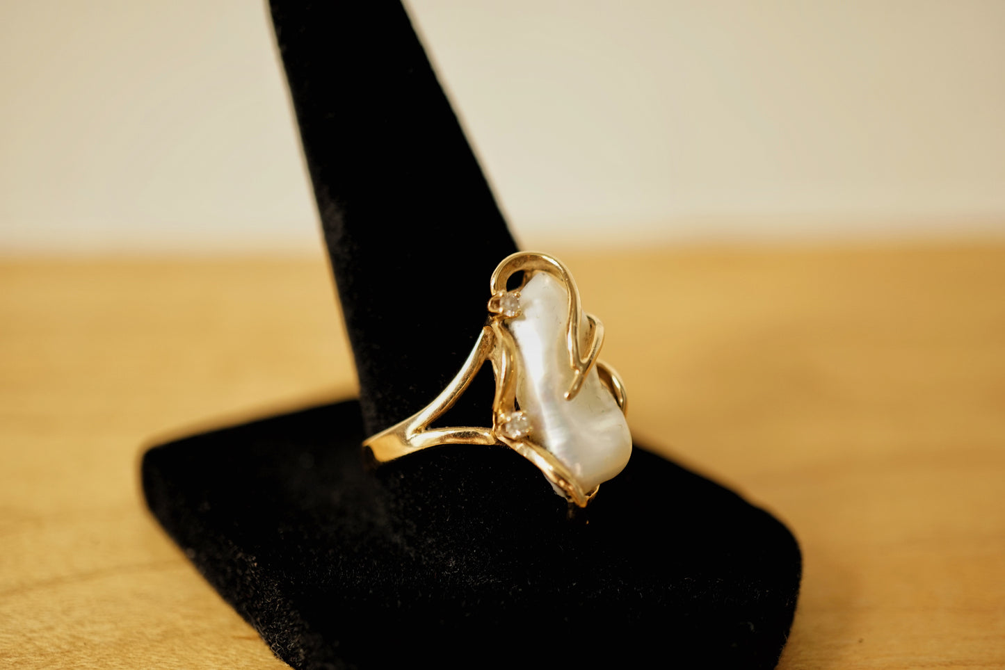 Vintage 14K Baroque Pearl and Diamond Ring
