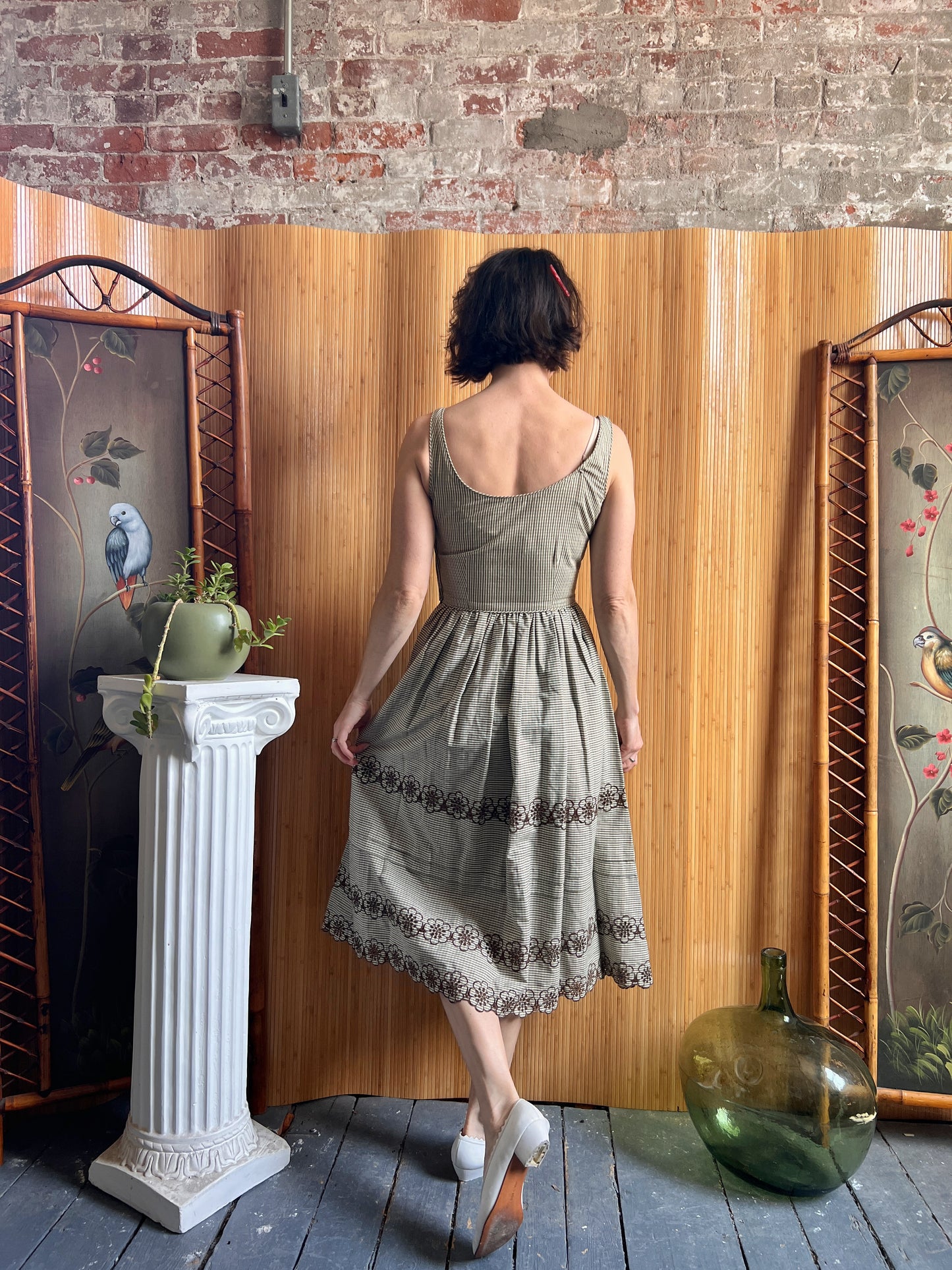 Late 1940s Tina Leser Brown Gingham Summer Dress