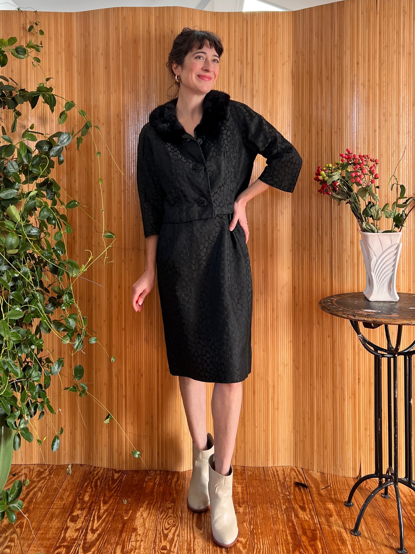 1950s Silk Jacquard Dress & Fur Trim Jacket M/L