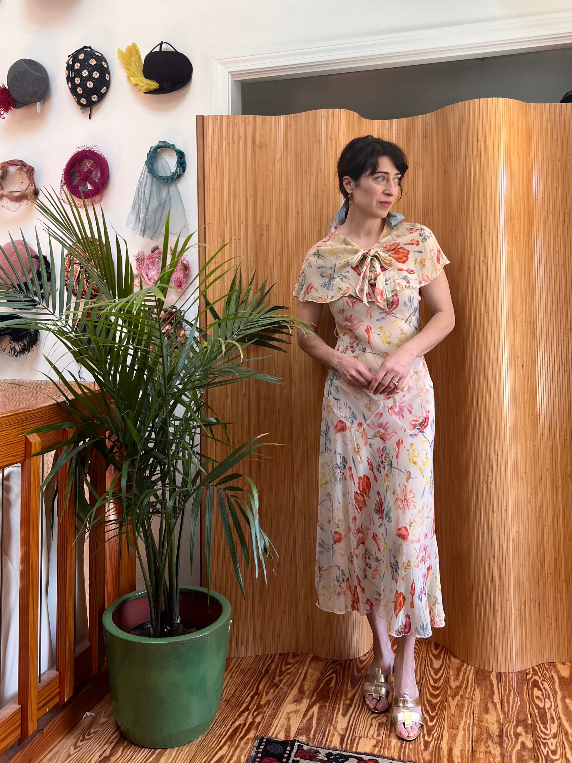 1920s/30s Art Deco Silk Chiffon Floral Bias Cut Gown with Capelet – The Lady Next Door