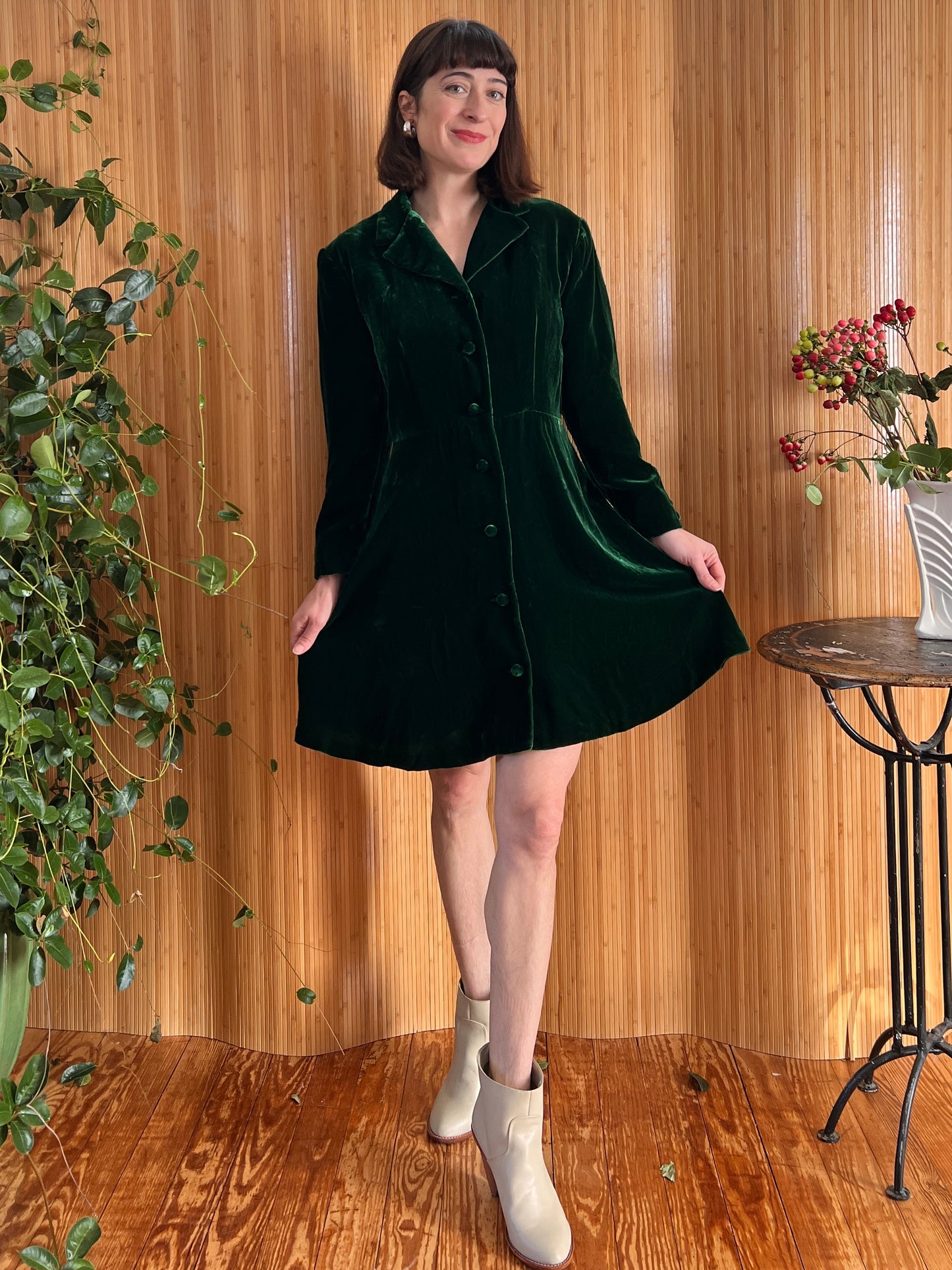 90s Green Velvet Babydoll Dress L