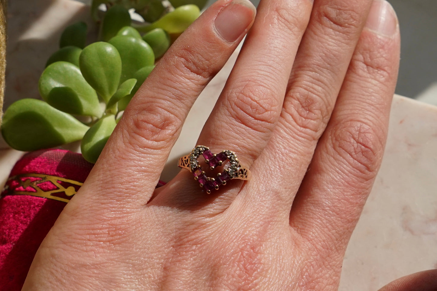 Vtg 14K Ruby and Diamond Open Heart Ring